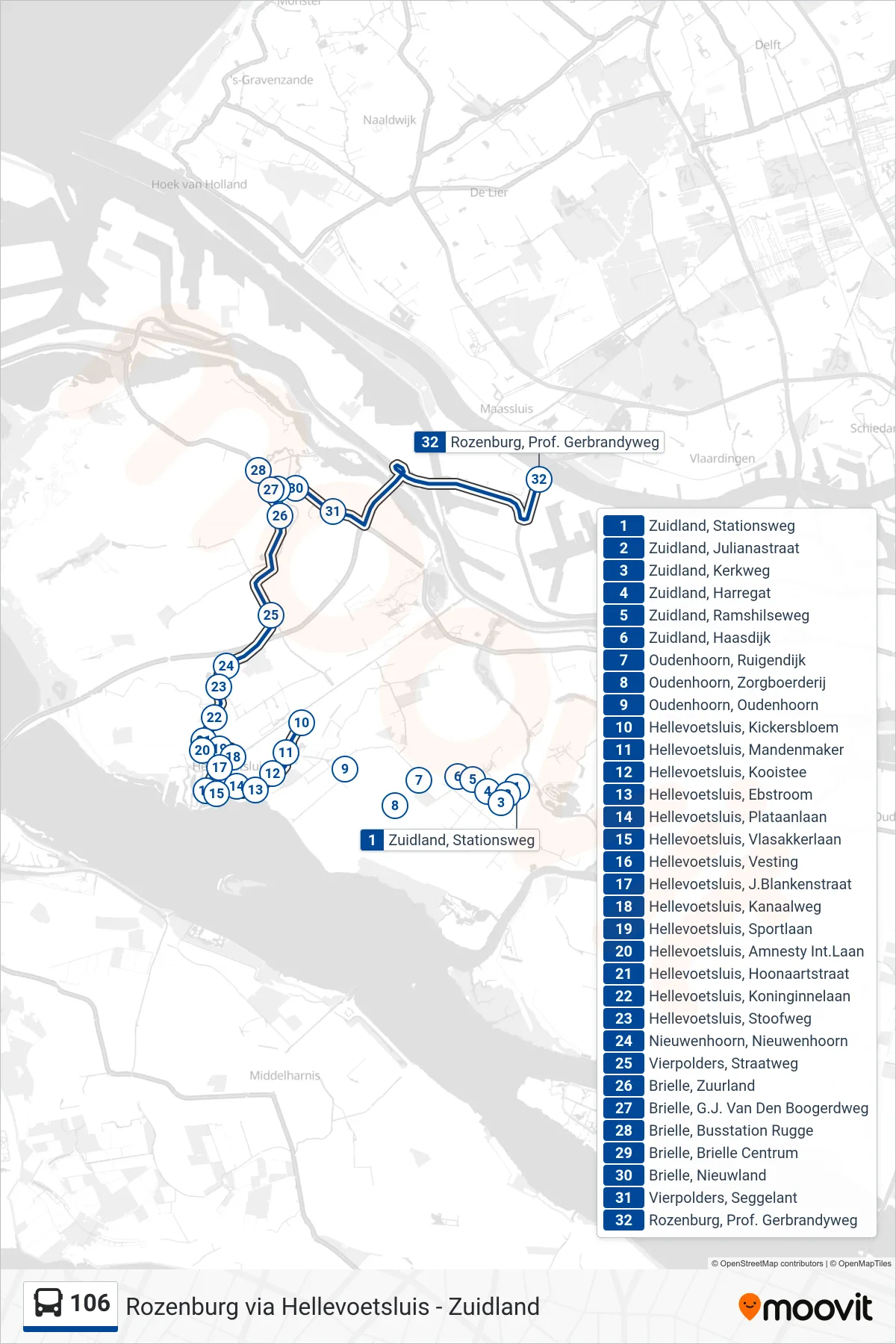 Lijn 106 (bus, Rozenburg): route en haltes op de kaart