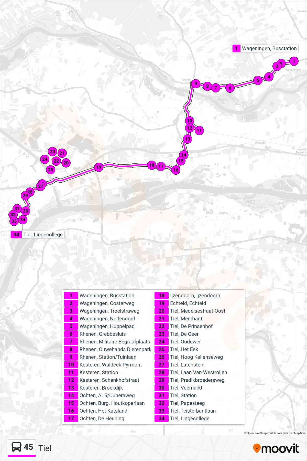 Lijn 45 (bus, Tiel): route en haltes op de kaart