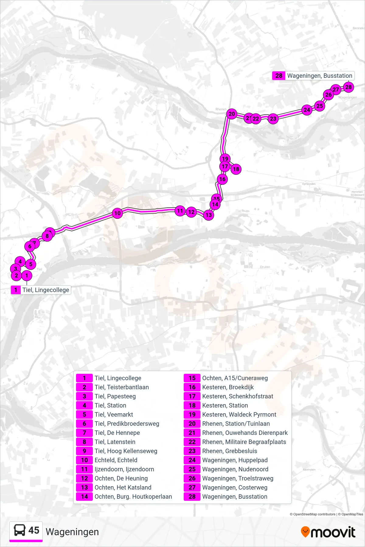 45 bus Line (Wageningen) route and stops on a map