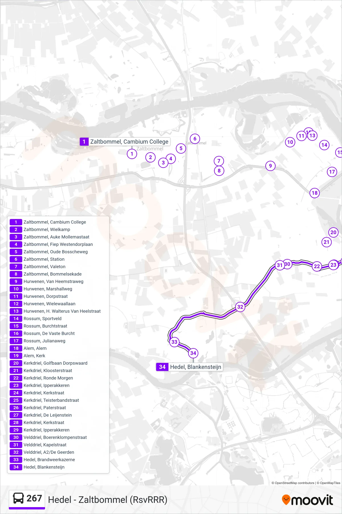 Lijn 267 (bus, Hedel): route en haltes op de kaart