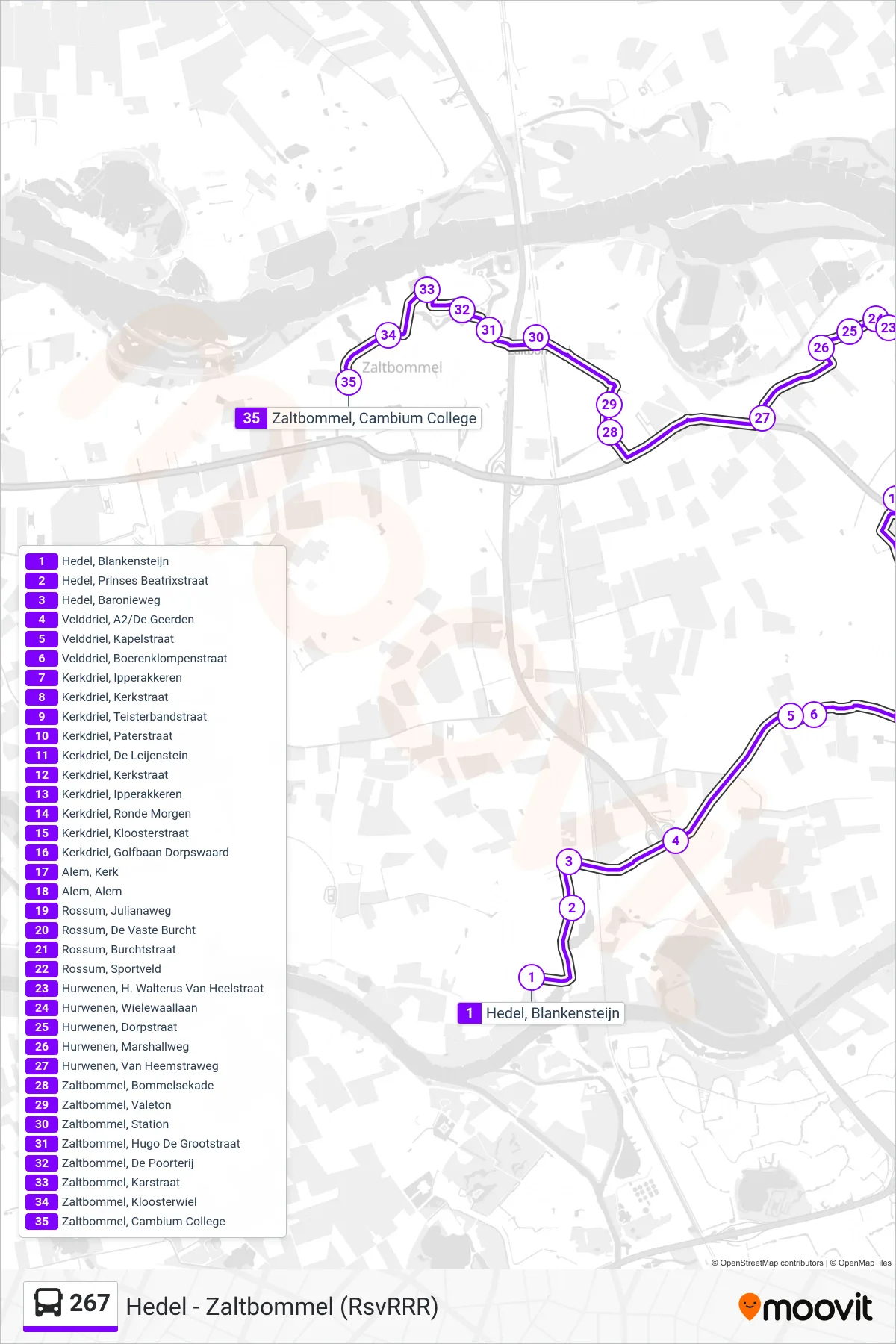 267 bus Line (Zaltbommel) route and stops on a map