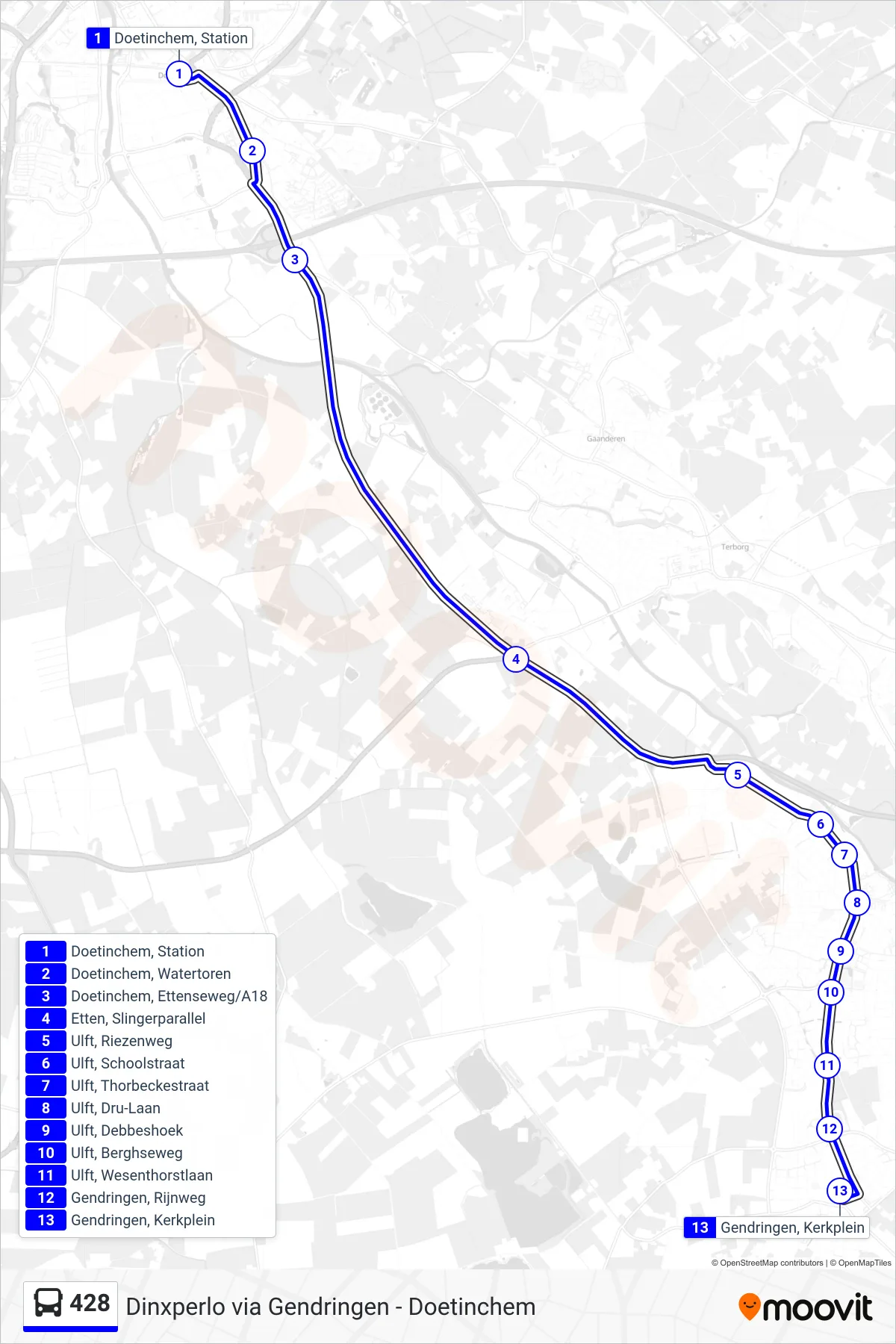 Lijn 428 (bus, Gendringen): route en haltes op de kaart