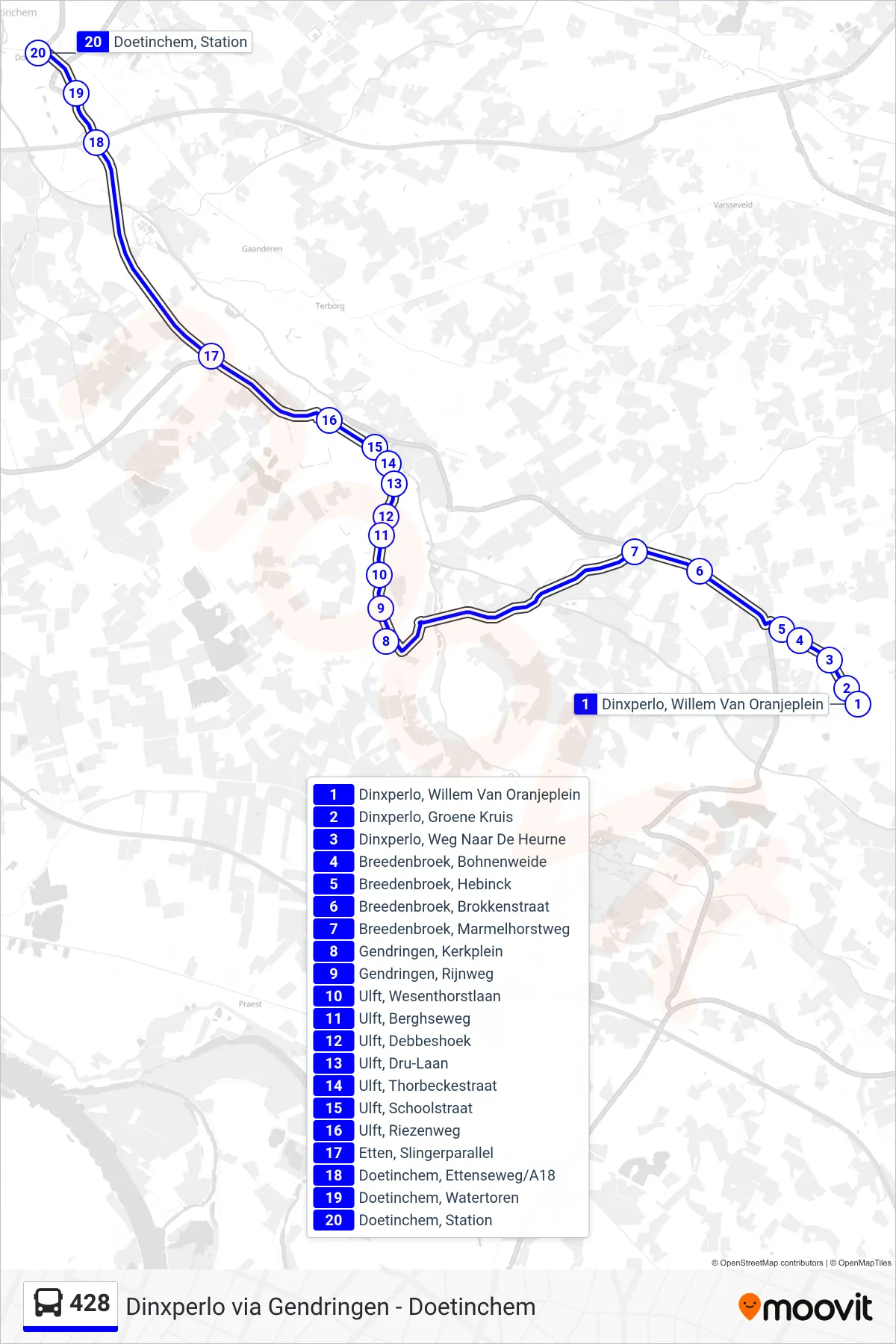 428 bus Line (Doetinchem) route and stops on a map