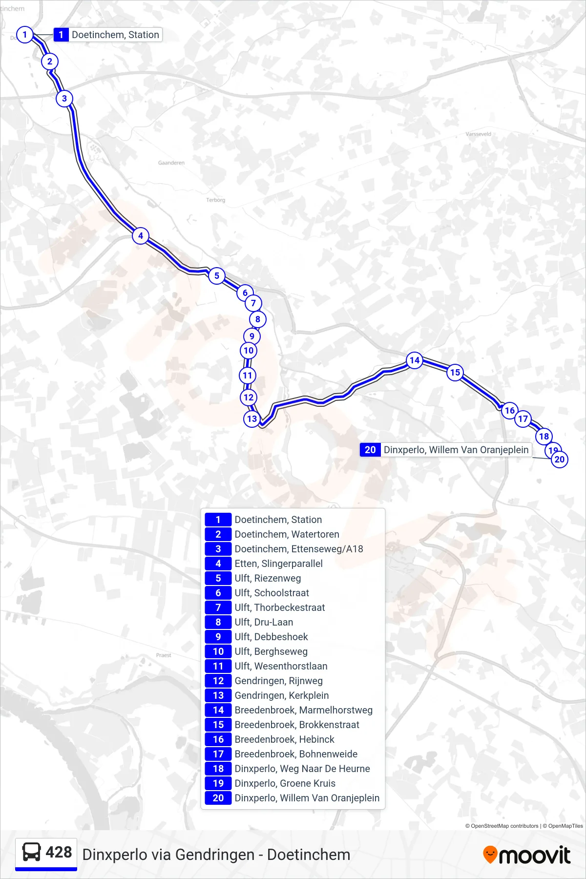 428 bus Line (Dinxperlo) route and stops on a map