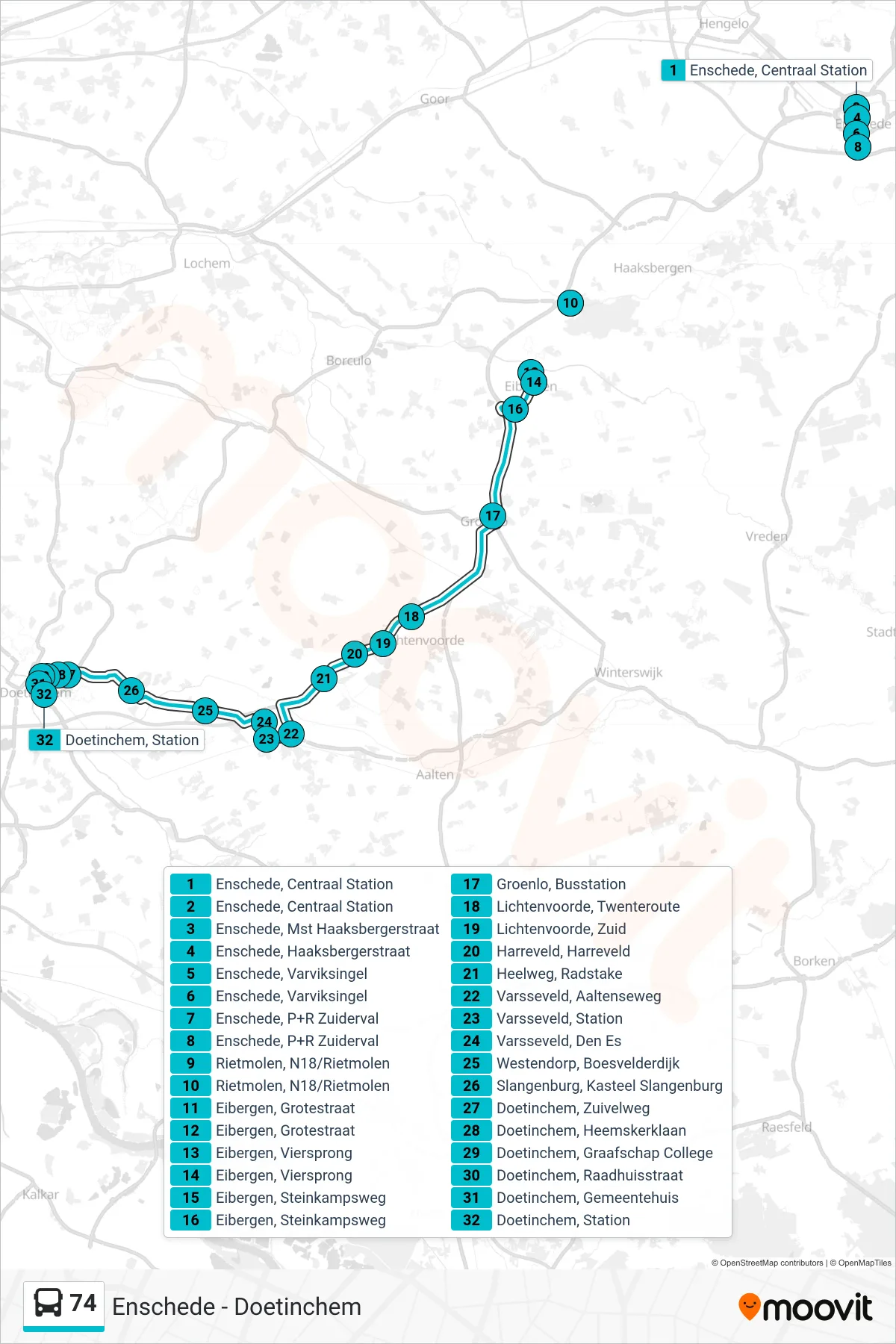 74 bus Line (Doetinchem) route and stops on a map