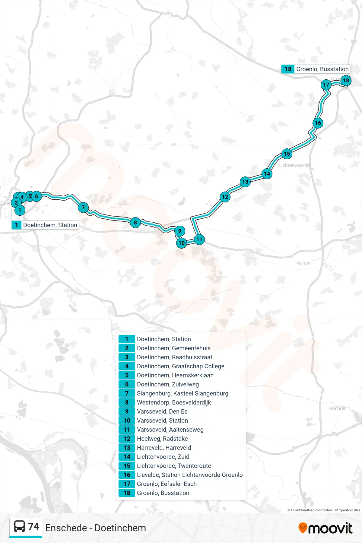 74 bus Line (Groenlo) route and stops on a map