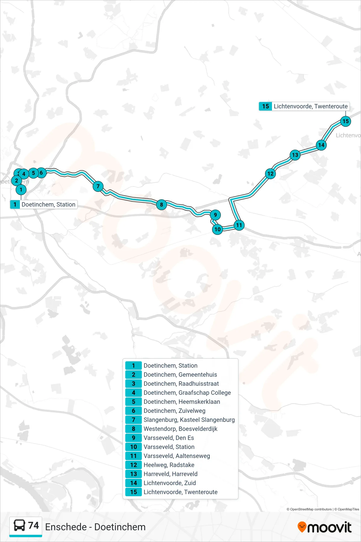 74 bus Line (Lichtenvoorde) route and stops on a map