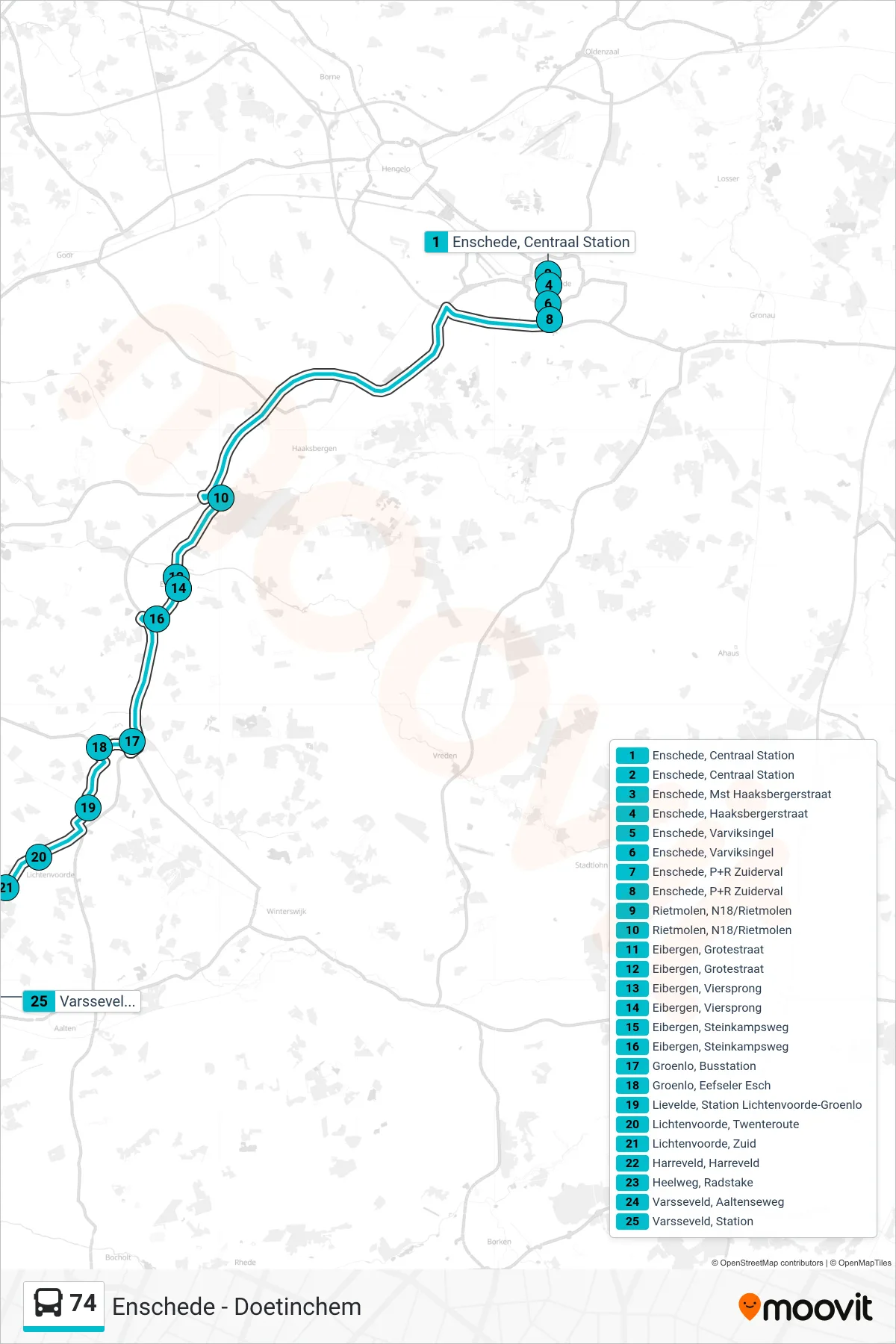 74 bus Line (Varsseveld) route and stops on a map