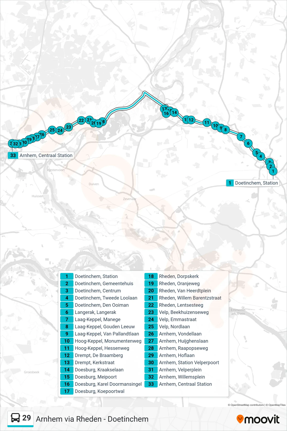 Lijn 29 (bus, Arnhem): route en haltes op de kaart