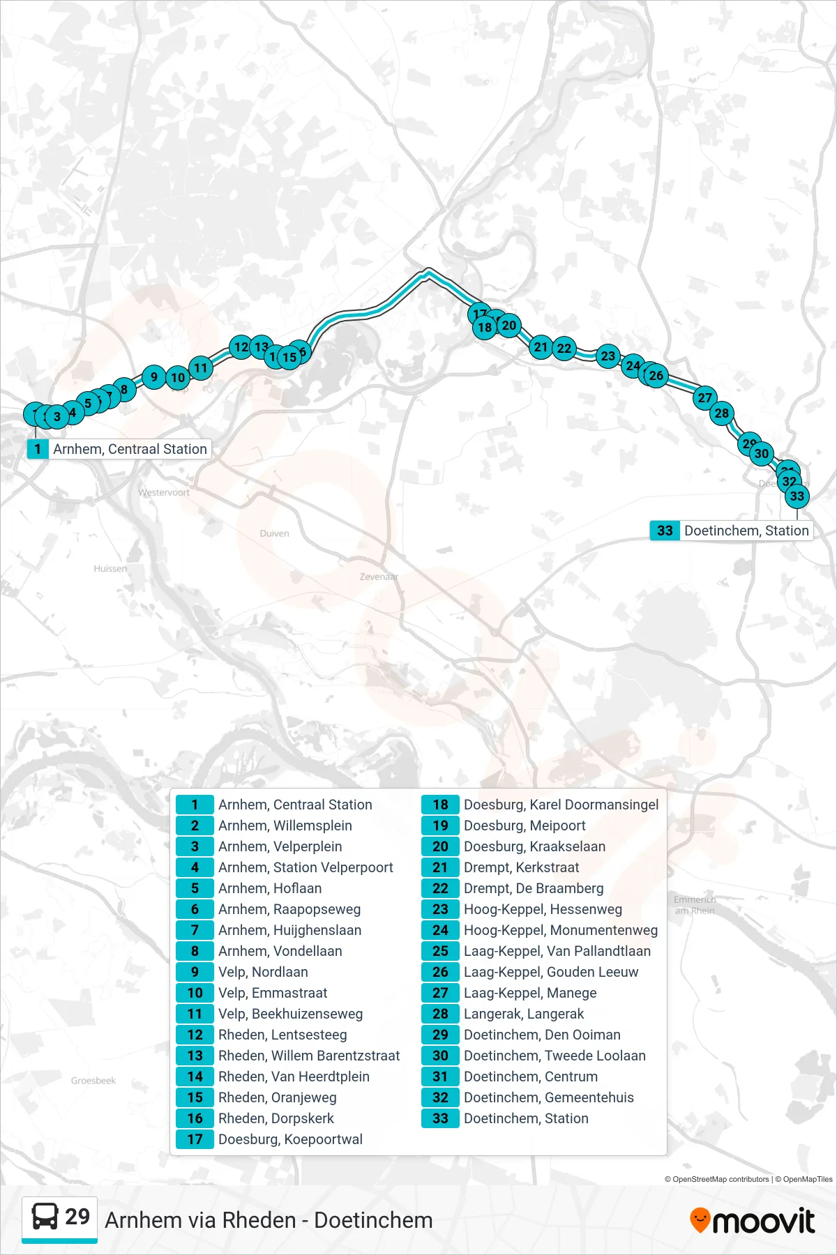 Lijn 29 (bus, Doetinchem): route en haltes op de kaart
