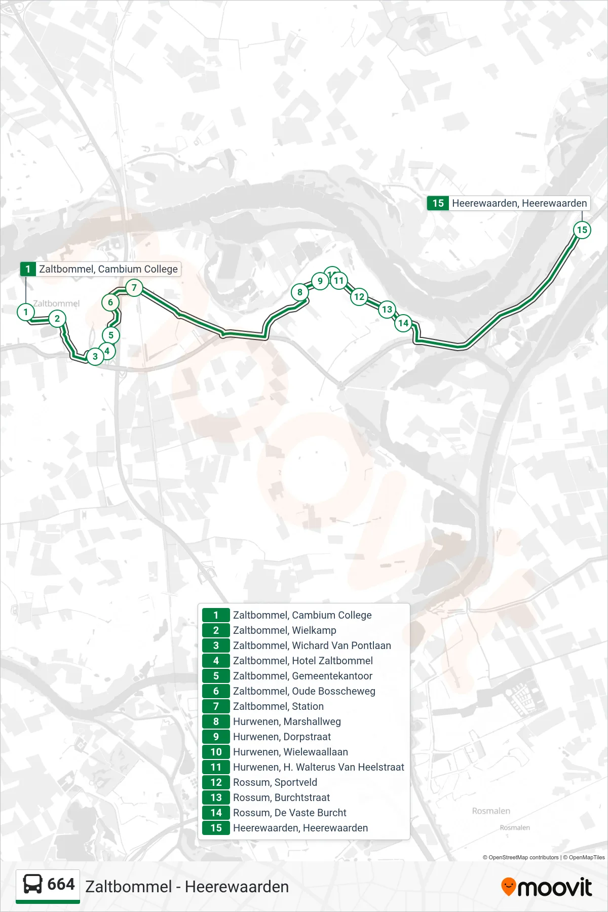 Lijn 664 (bus, Heerewaarden): route en haltes op de kaart