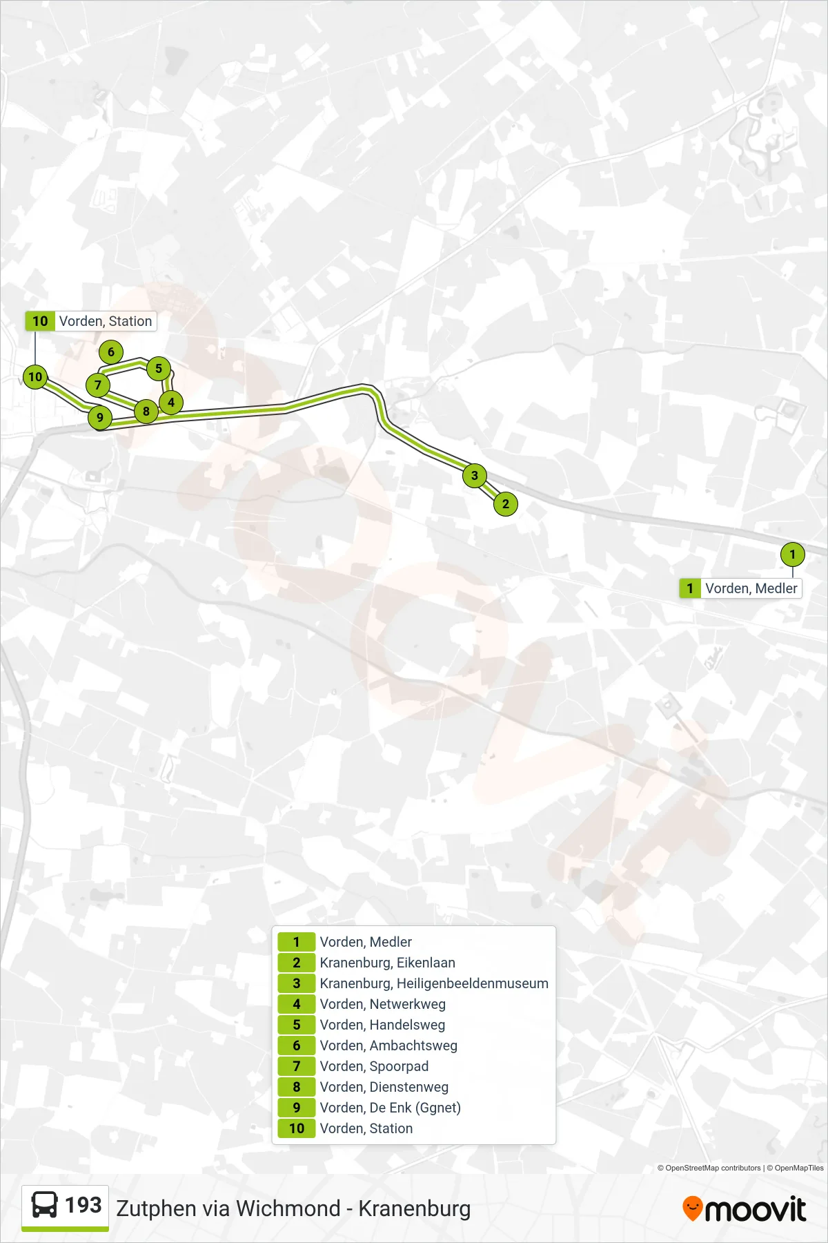 193 bus Line (Vorden) route and stops on a map