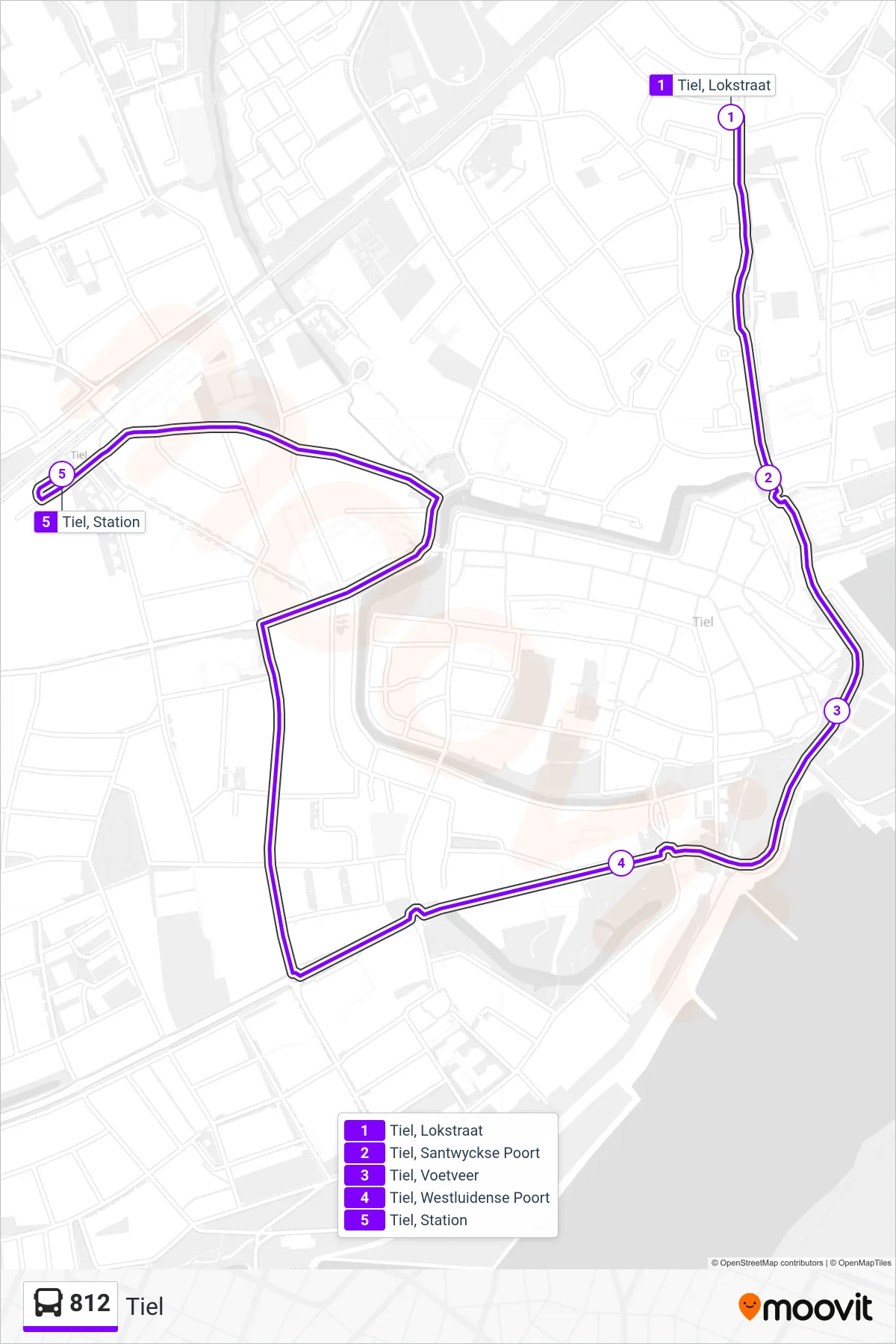 812 bus Line (Tiel) route and stops on a map