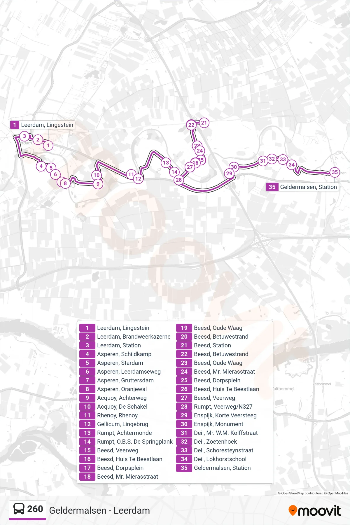 Lijn 260 (bus, Geldermalsen): route en haltes op de kaart