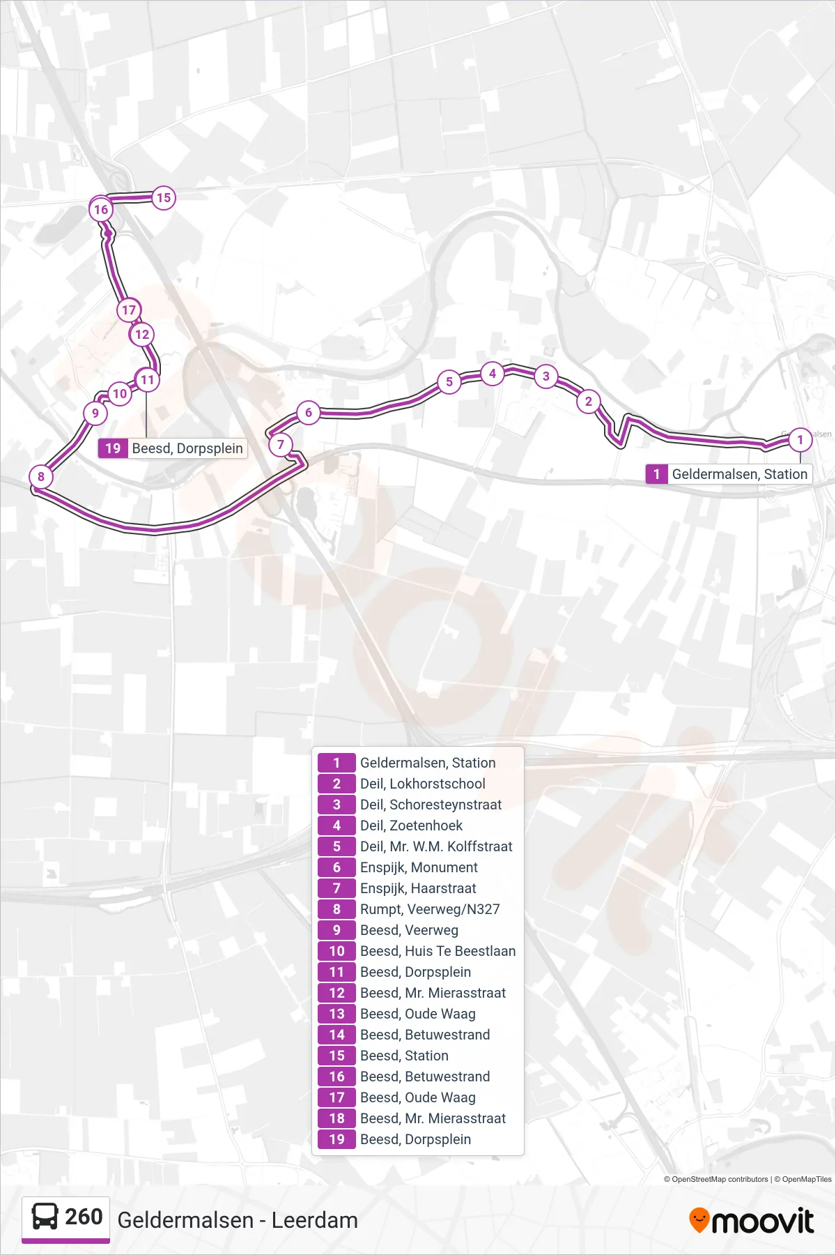 260 bus Line (Beesd) route and stops on a map