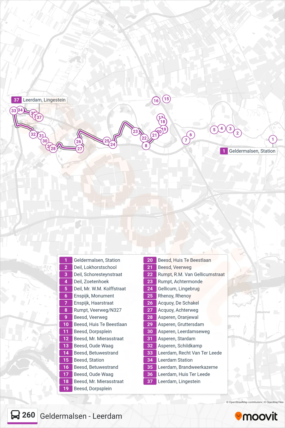 260 bus Line (Leerdam) route and stops on a map