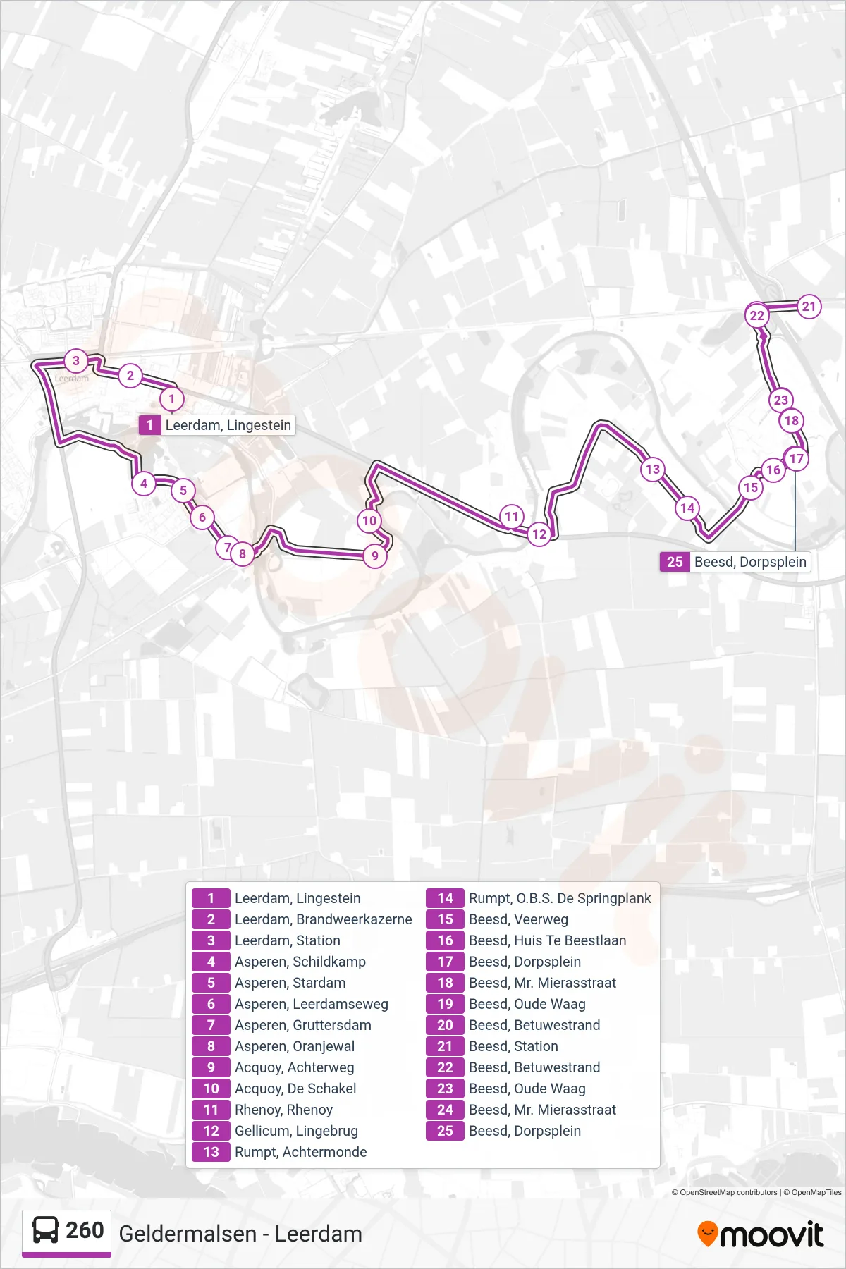 260 bus Line (Beesd) route and stops on a map