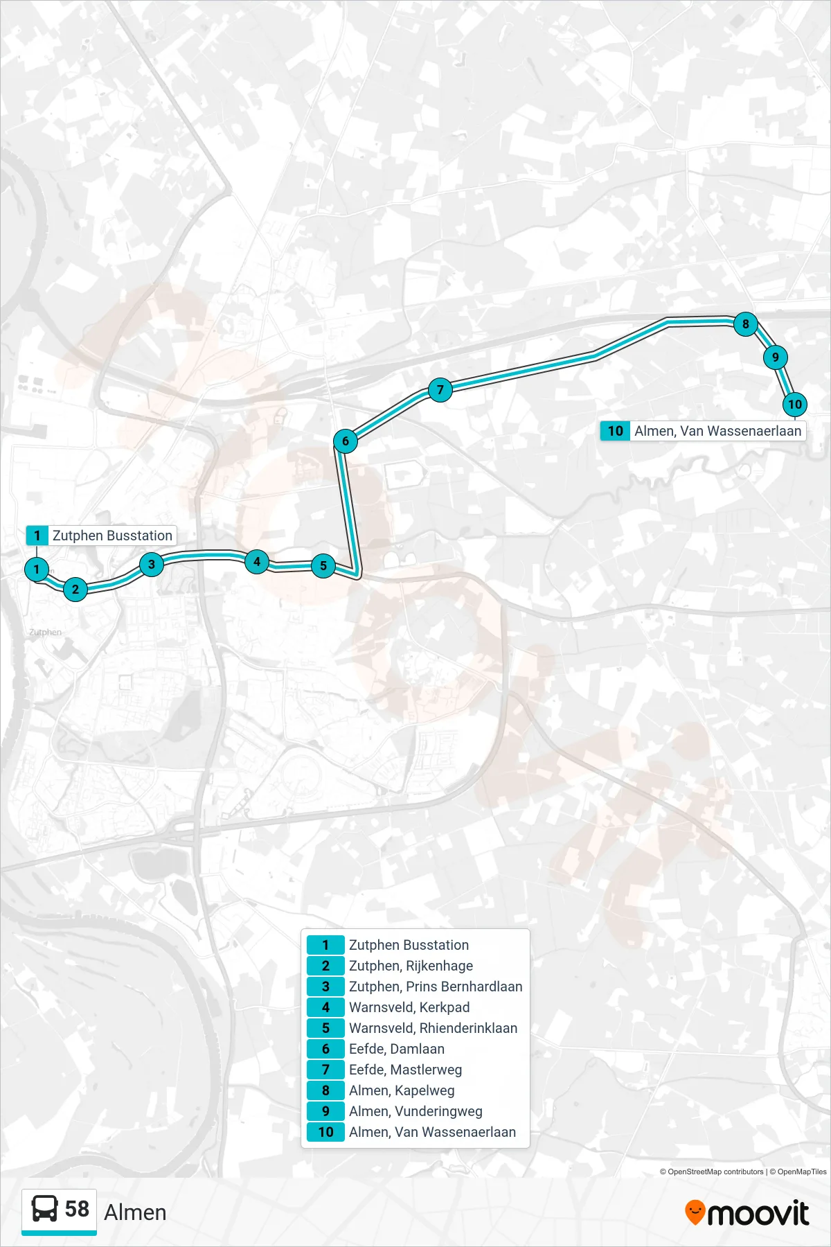 Lijn 58 (bus, Almen): route en haltes op de kaart