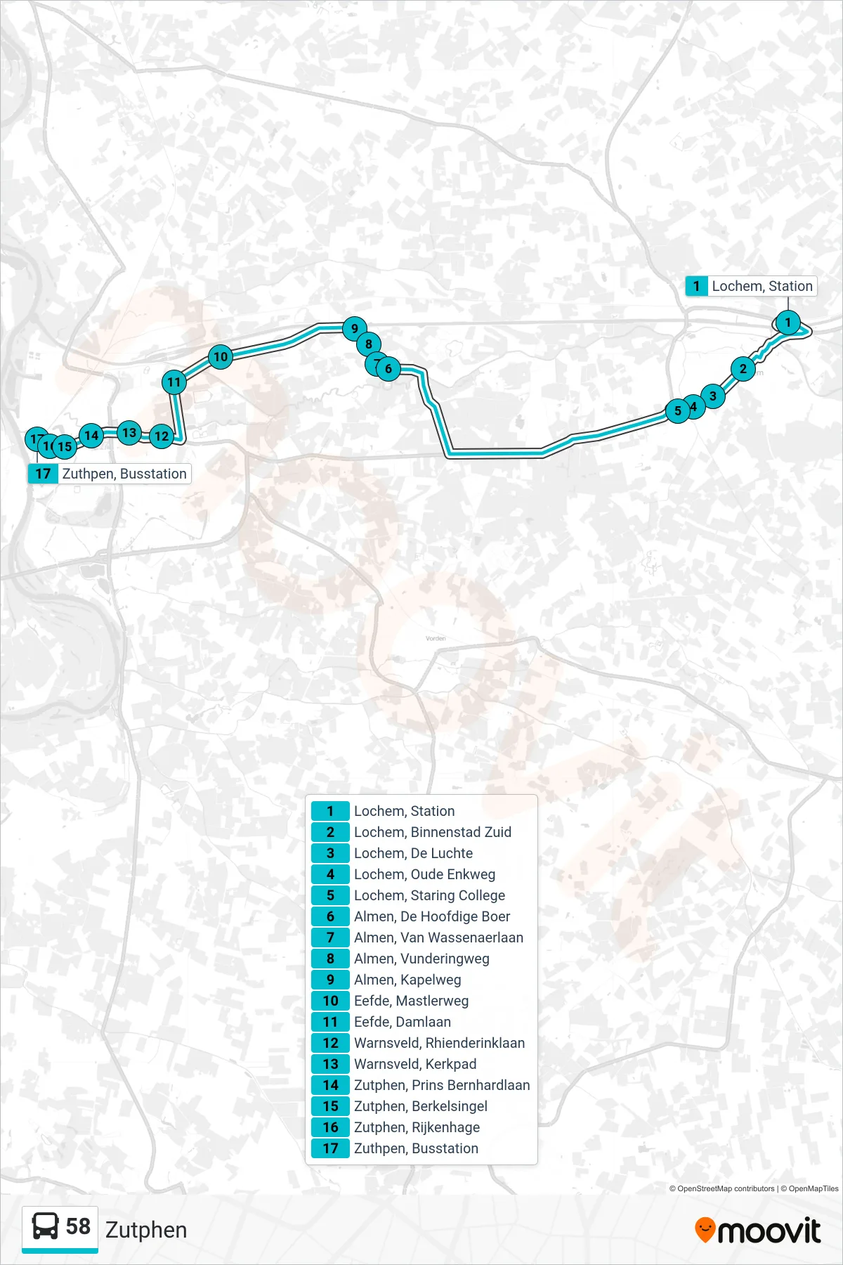 Lijn 58 (bus, Zutphen): route en haltes op de kaart