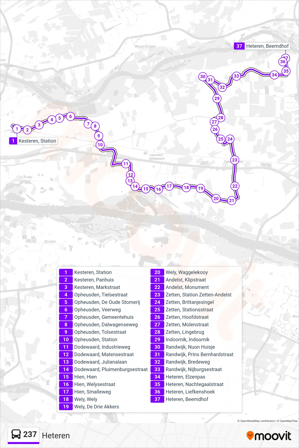Lijn 237 (bus, Heteren): route en haltes op de kaart