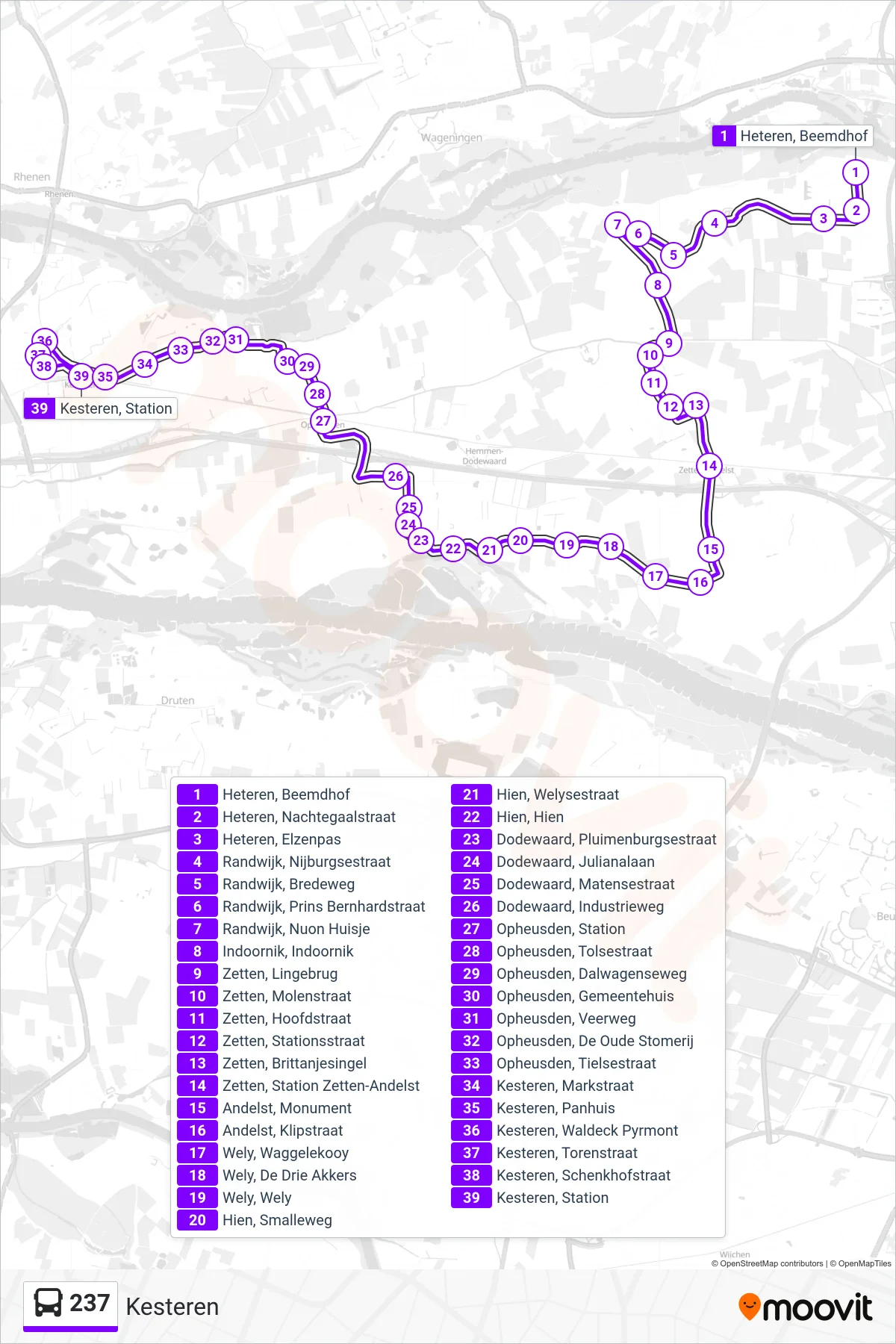 237 bus Line (Kesteren) route and stops on a map