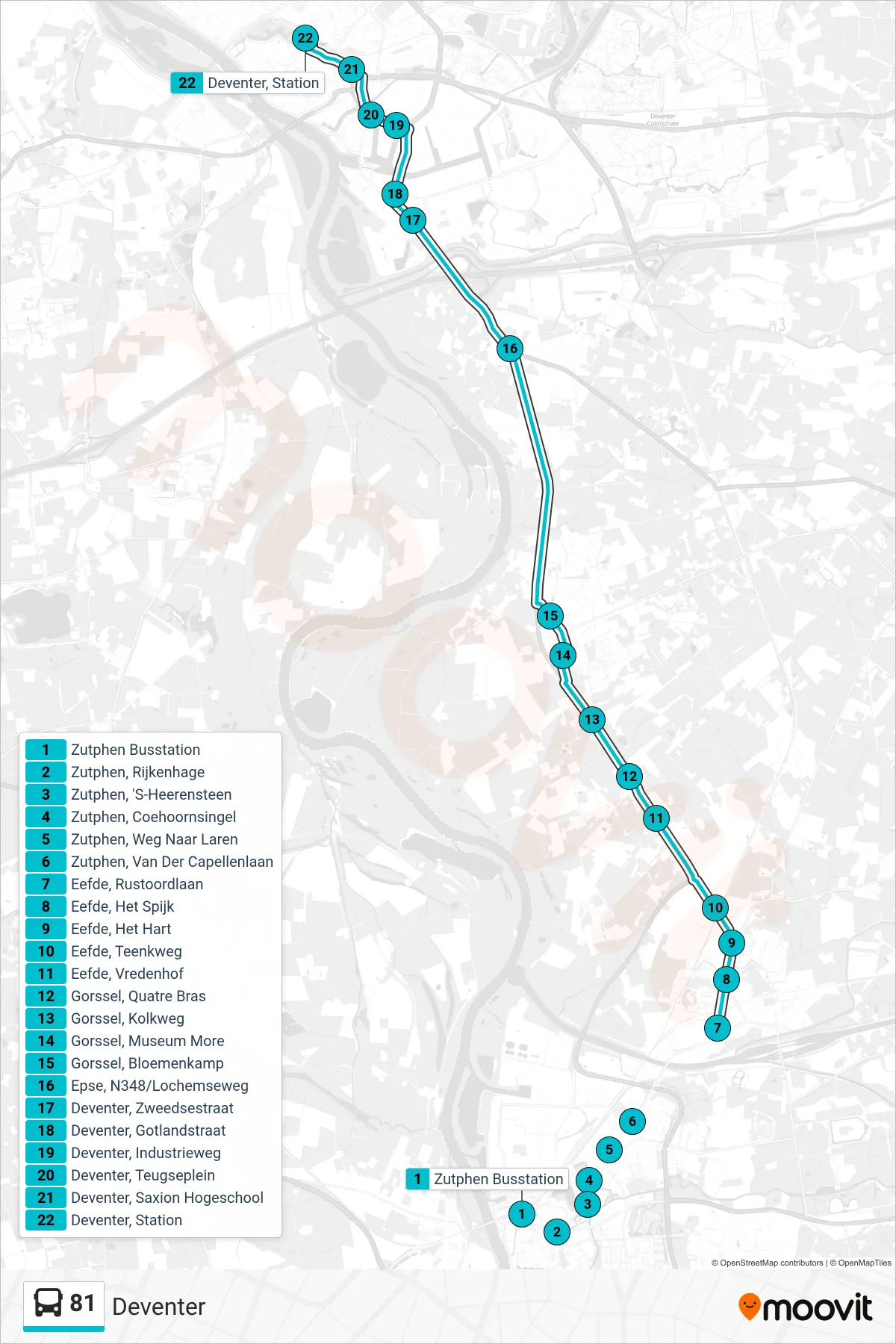 81 bus Line (Deventer) route and stops on a map