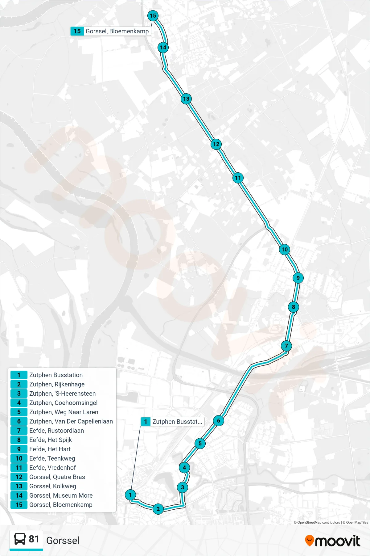81 bus Line (Gorssel) route and stops on a map