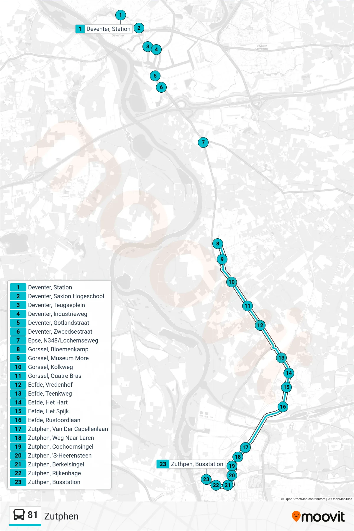 Lijn 81 (bus, Zutphen): route en haltes op de kaart