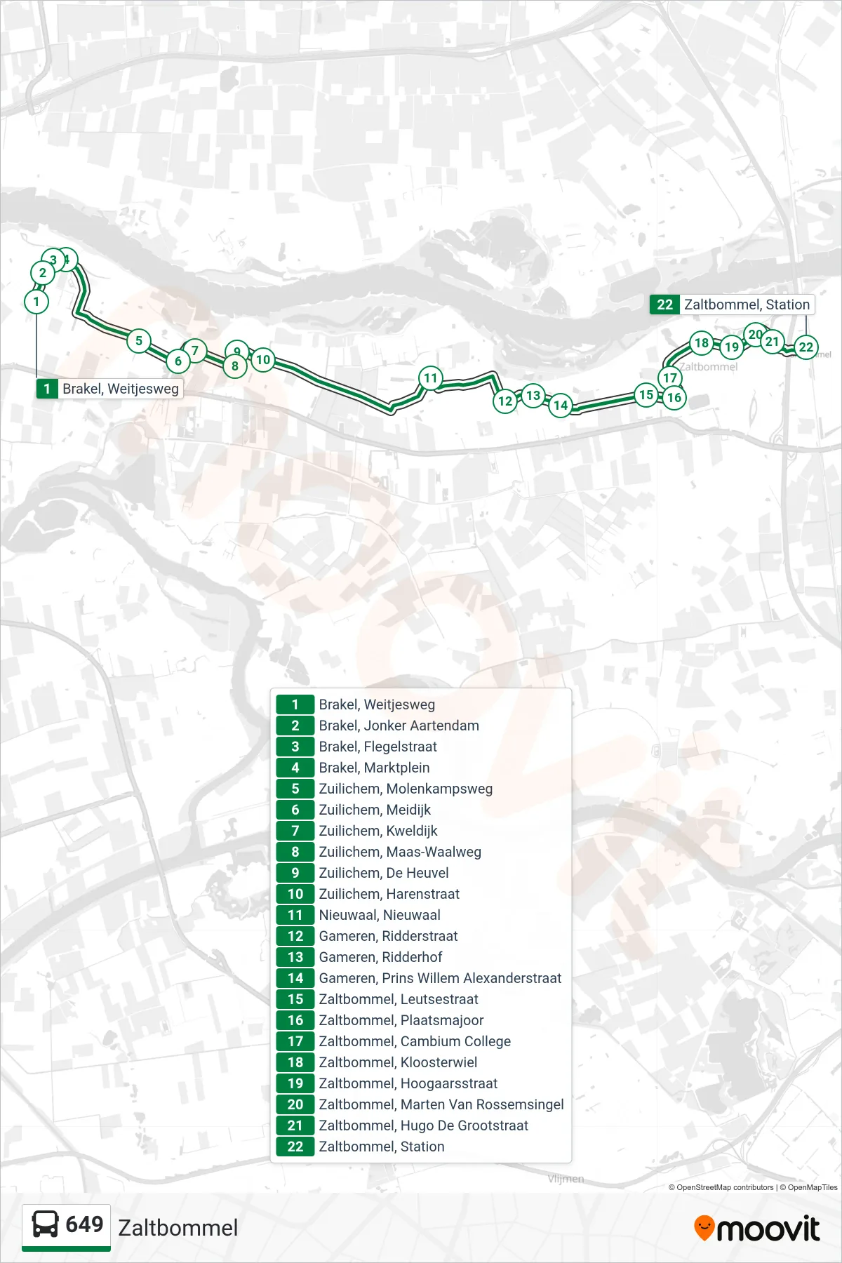 Lijn 649 (bus, Zaltbommel): route en haltes op de kaart