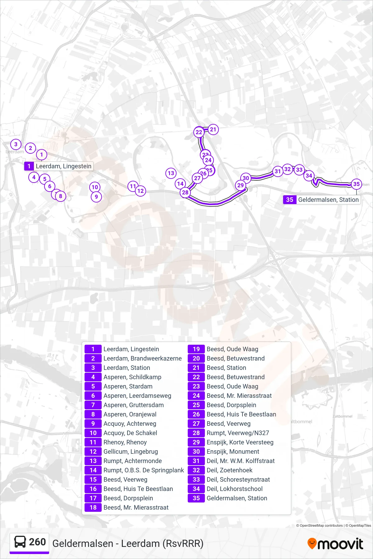 Lijn 260 (bus, Geldermalsen): route en haltes op de kaart