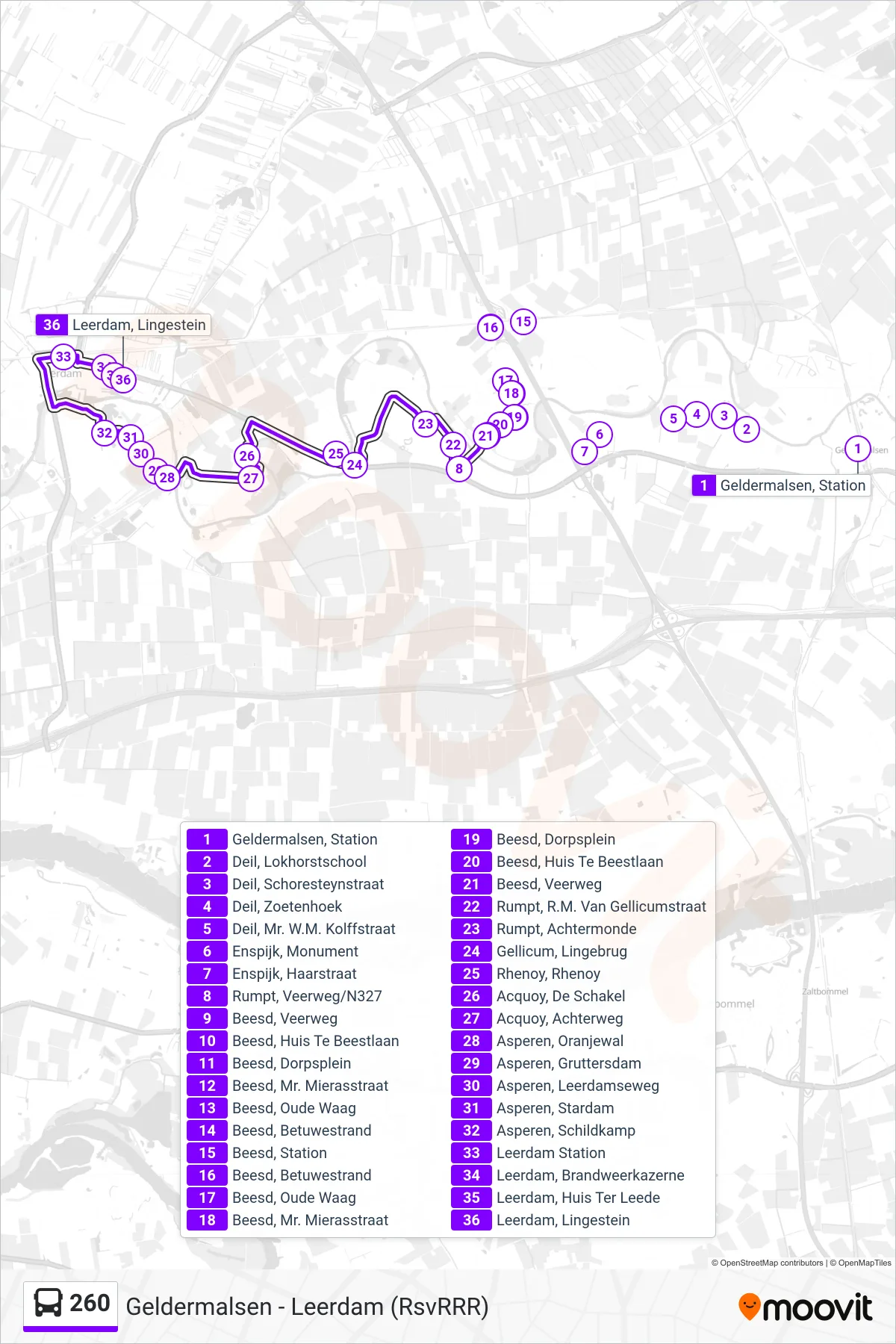 Lijn 260 (bus, Leerdam): route en haltes op de kaart