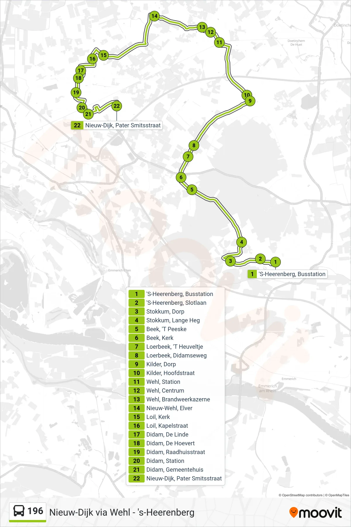 196 bus Line (Nieuw-Dijk) route and stops on a map