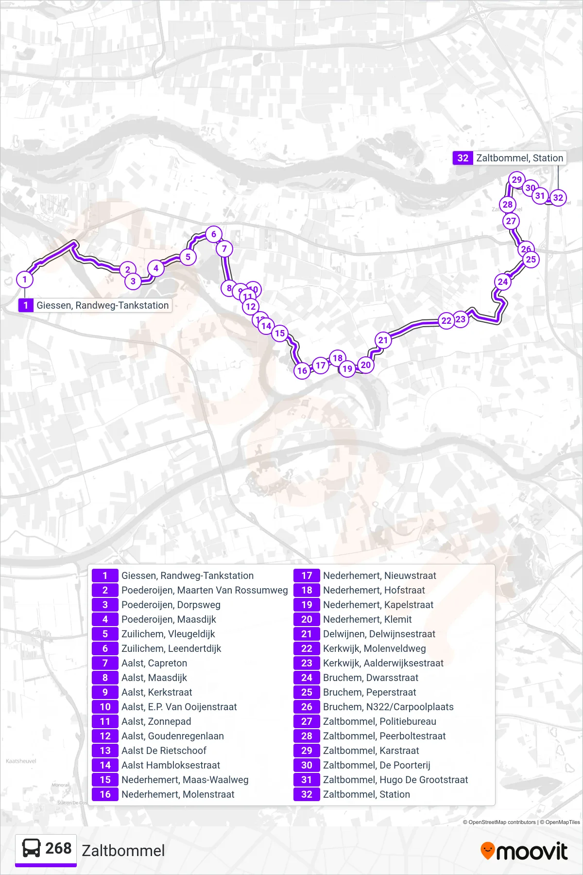 268 bus Line (Zaltbommel) route and stops on a map