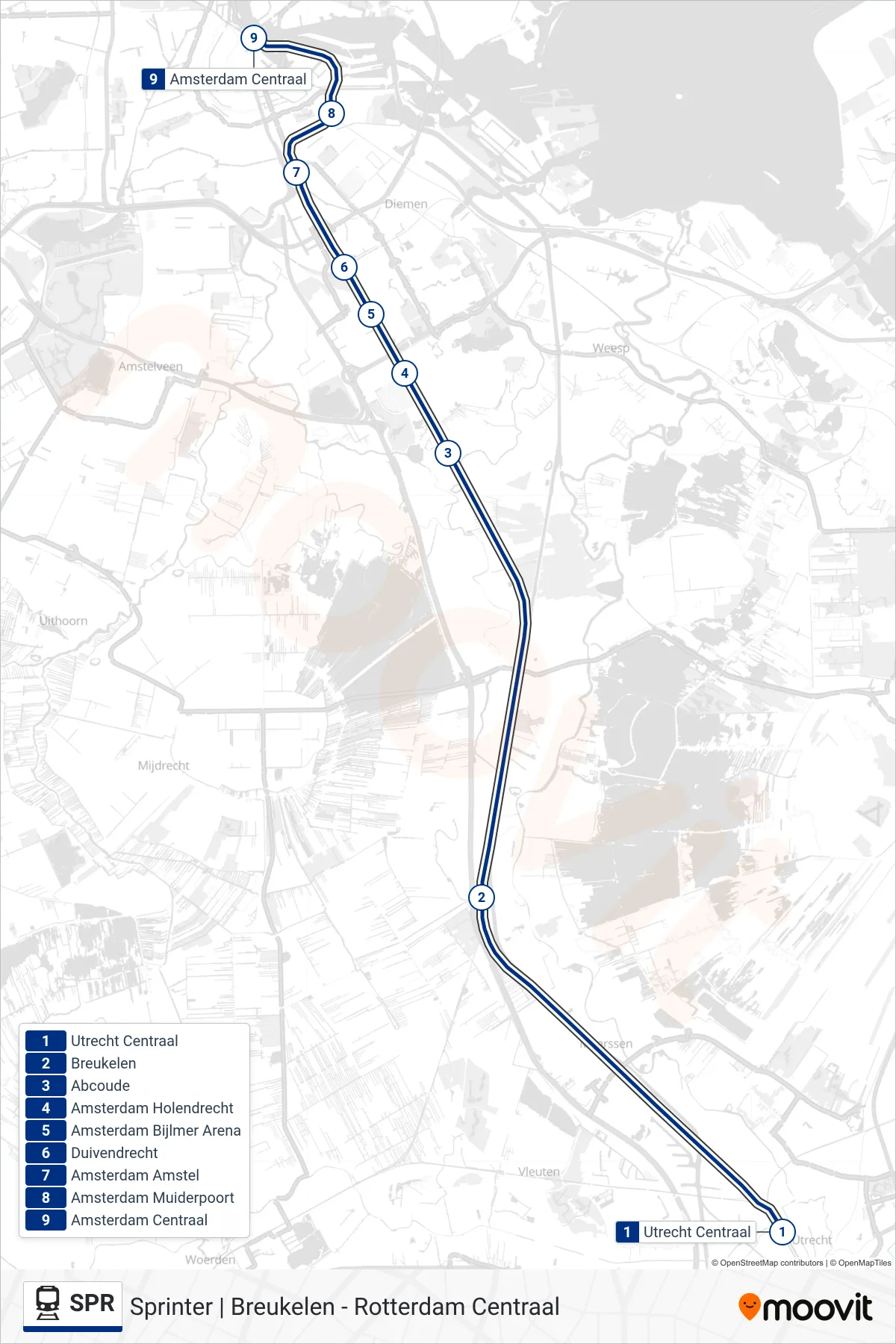 Lijn SPR (trein, Amsterdam Centraal): route en haltes op de kaart