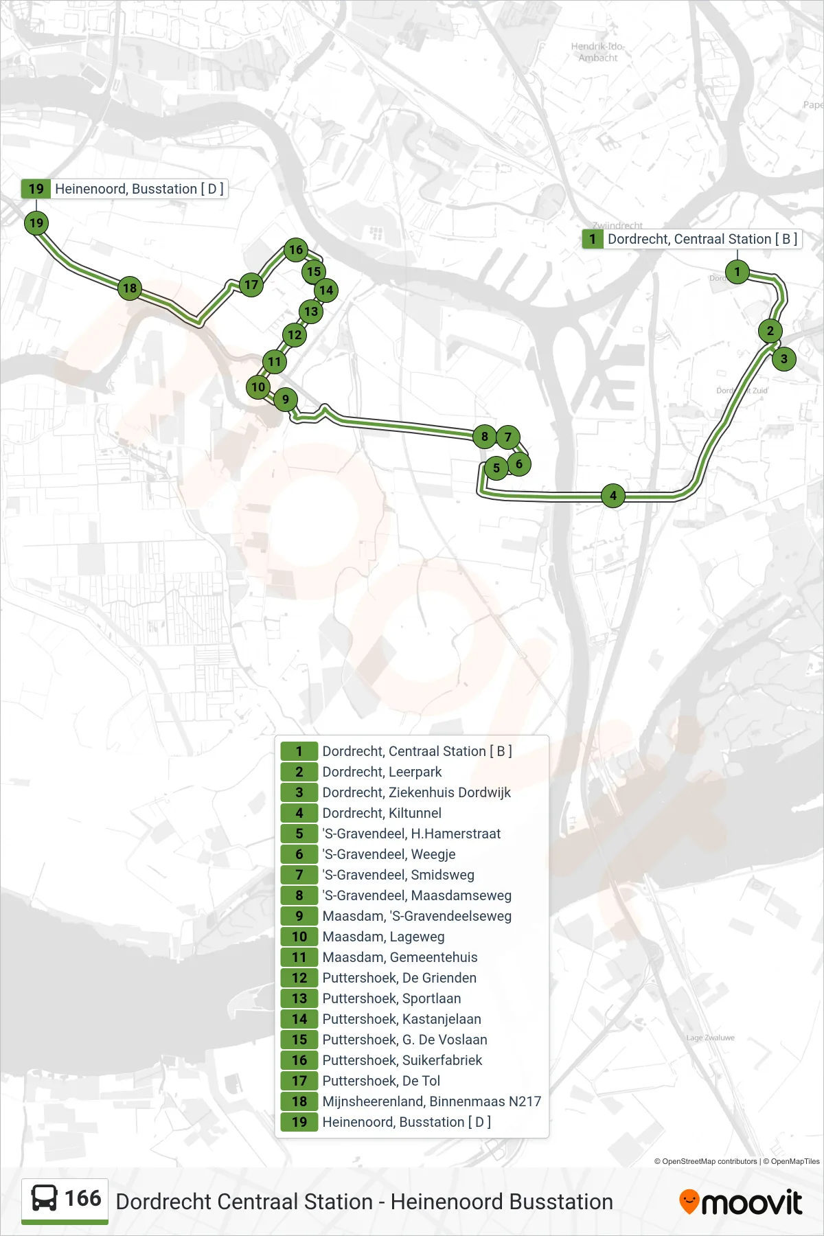 Lijn 166 (bus, Heinenoord Busstation): route en haltes op de kaart