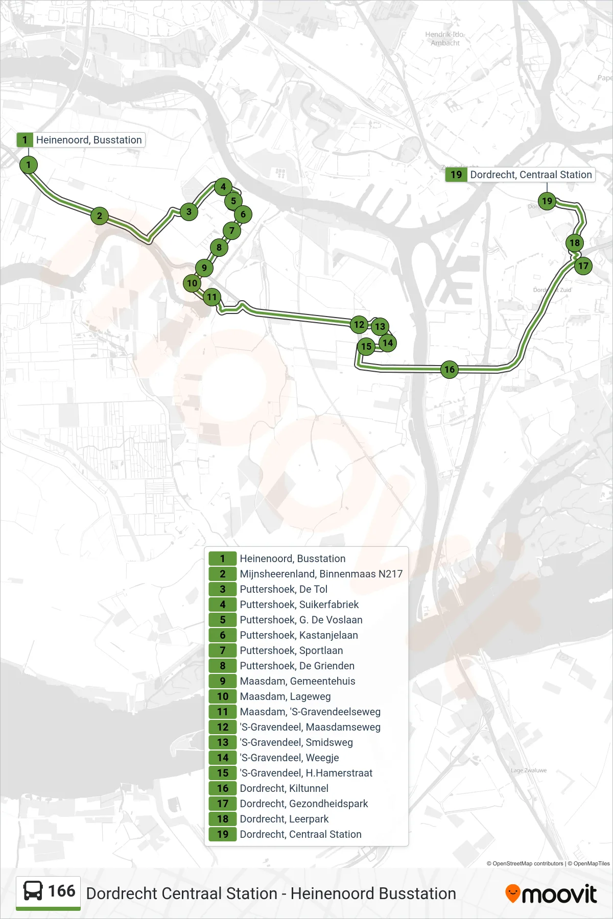 166 bus Line (Dordrecht Cs) route and stops on a map