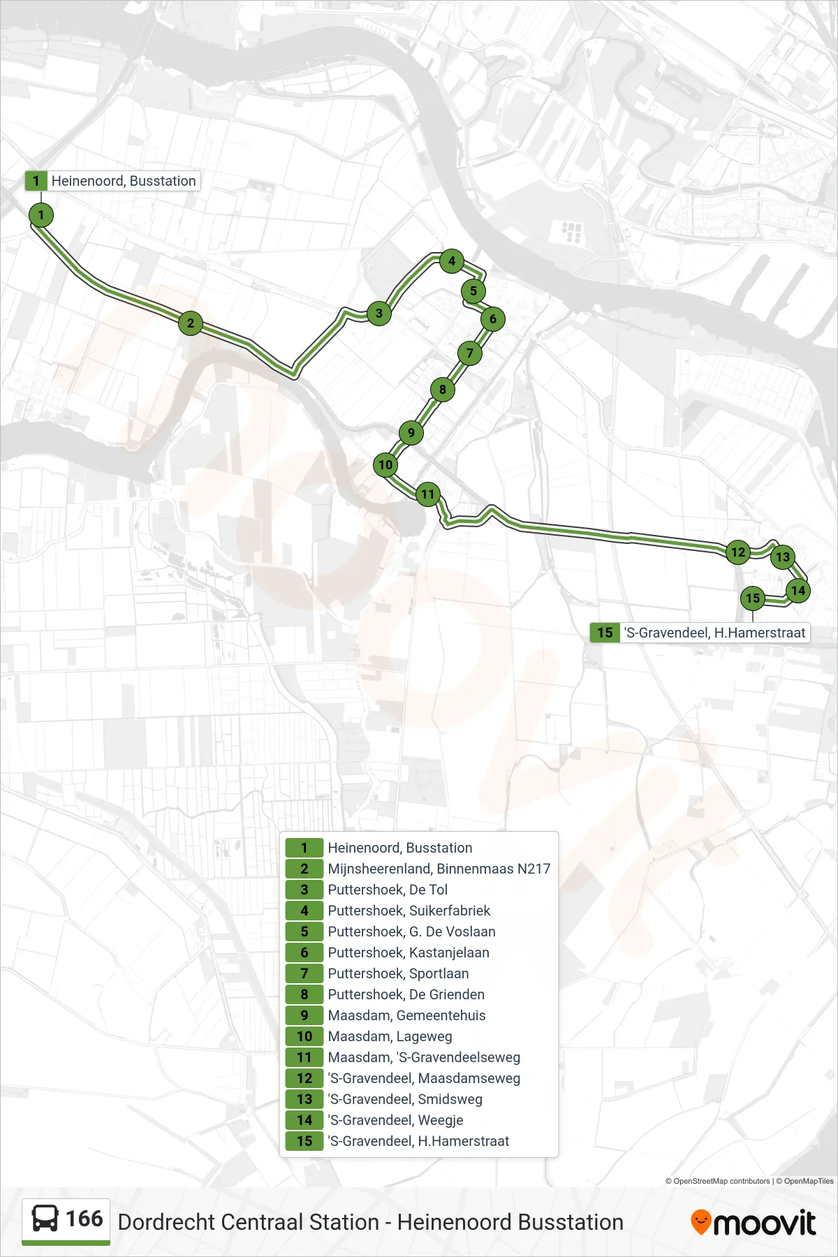 Lijn 166 (bus, 'S-Gravendeel H. Hamerstraat): route en haltes op de kaart