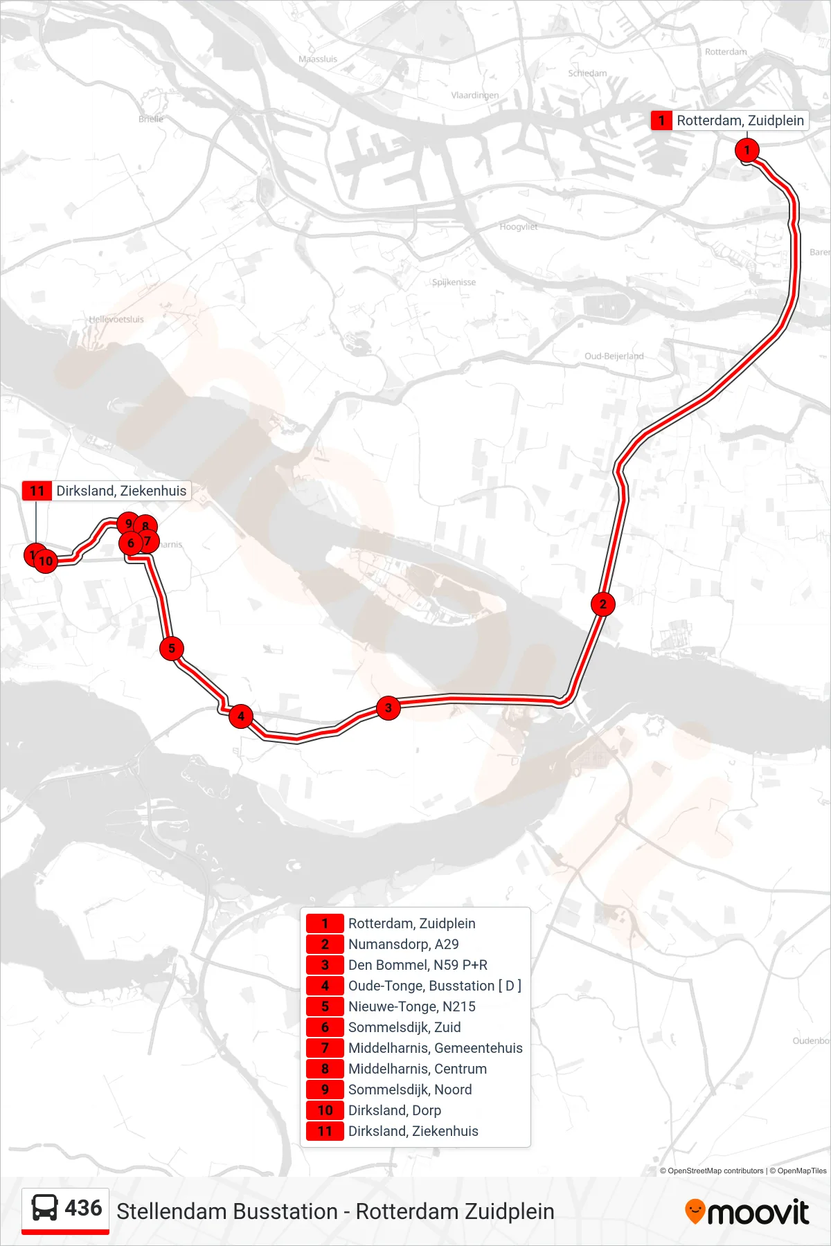436 bus Line (Dirksland) route and stops on a map