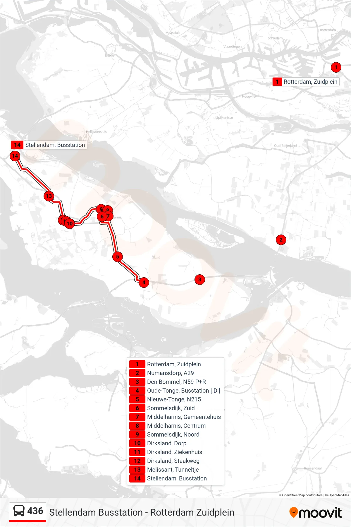 436 bus Line (Stellendam) route and stops on a map
