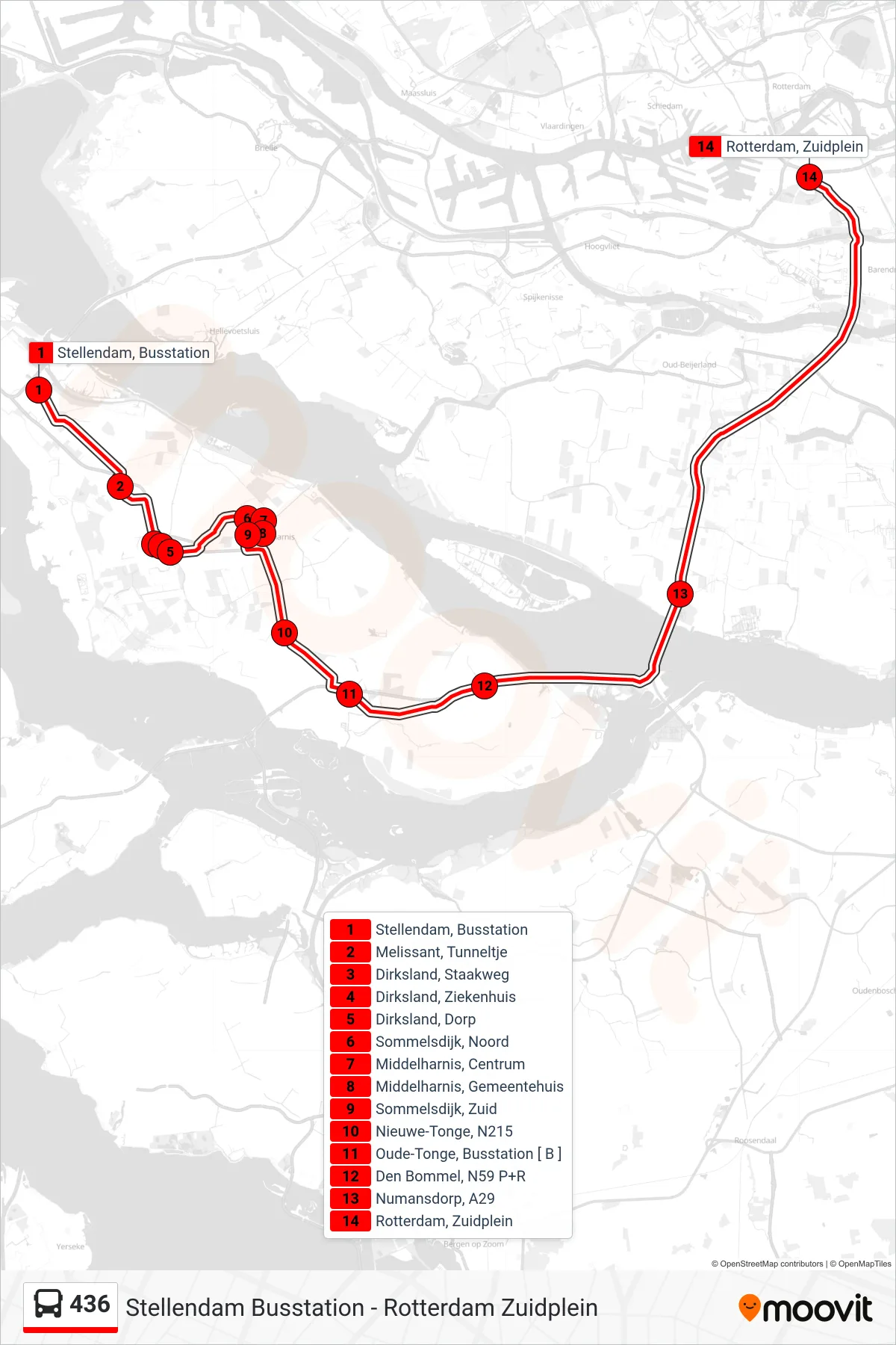 436 bus Line (Rotterdam Zuidplein) route and stops on a map