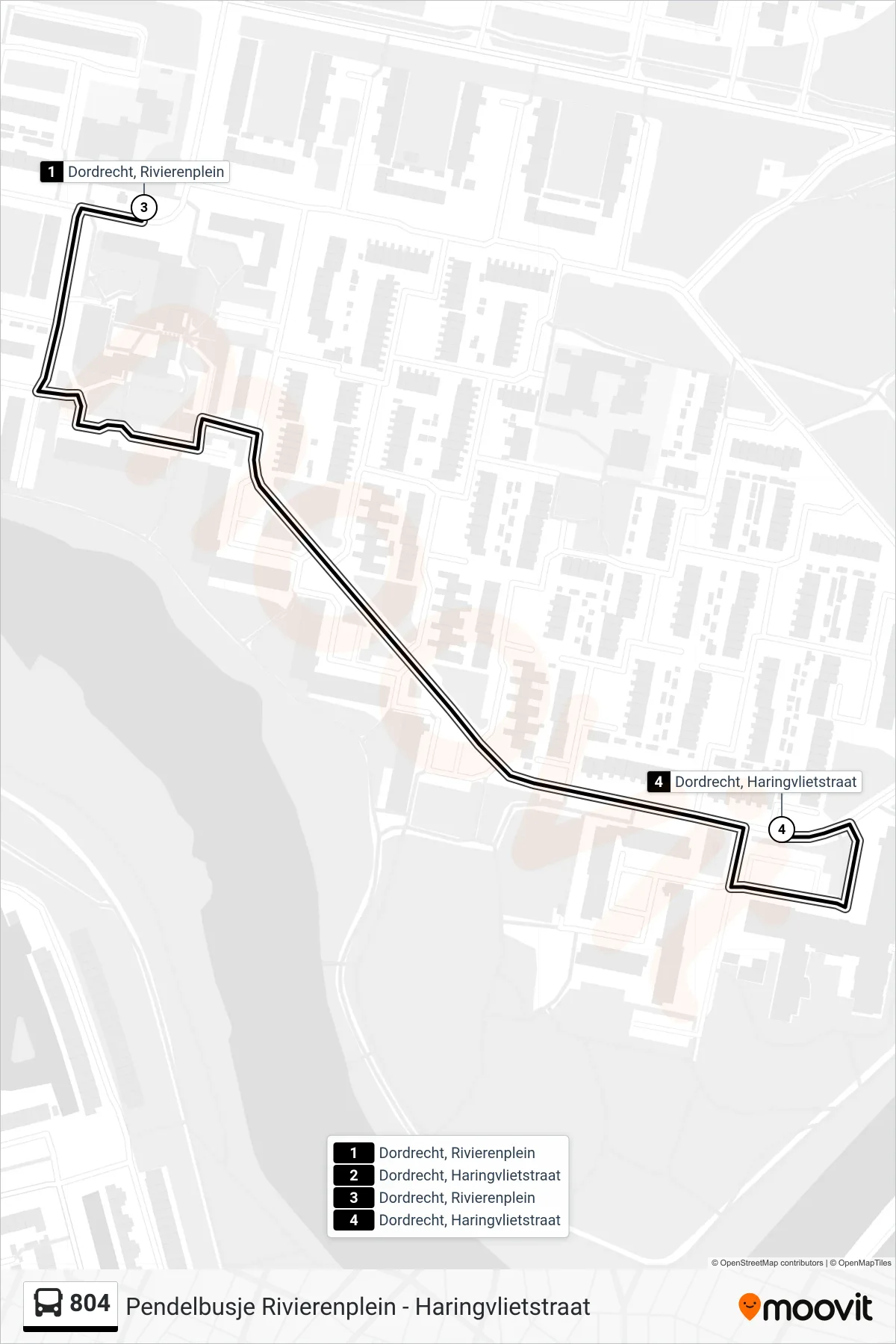 Lijn 804 (bus, Haringvlietstraat): route en haltes op de kaart