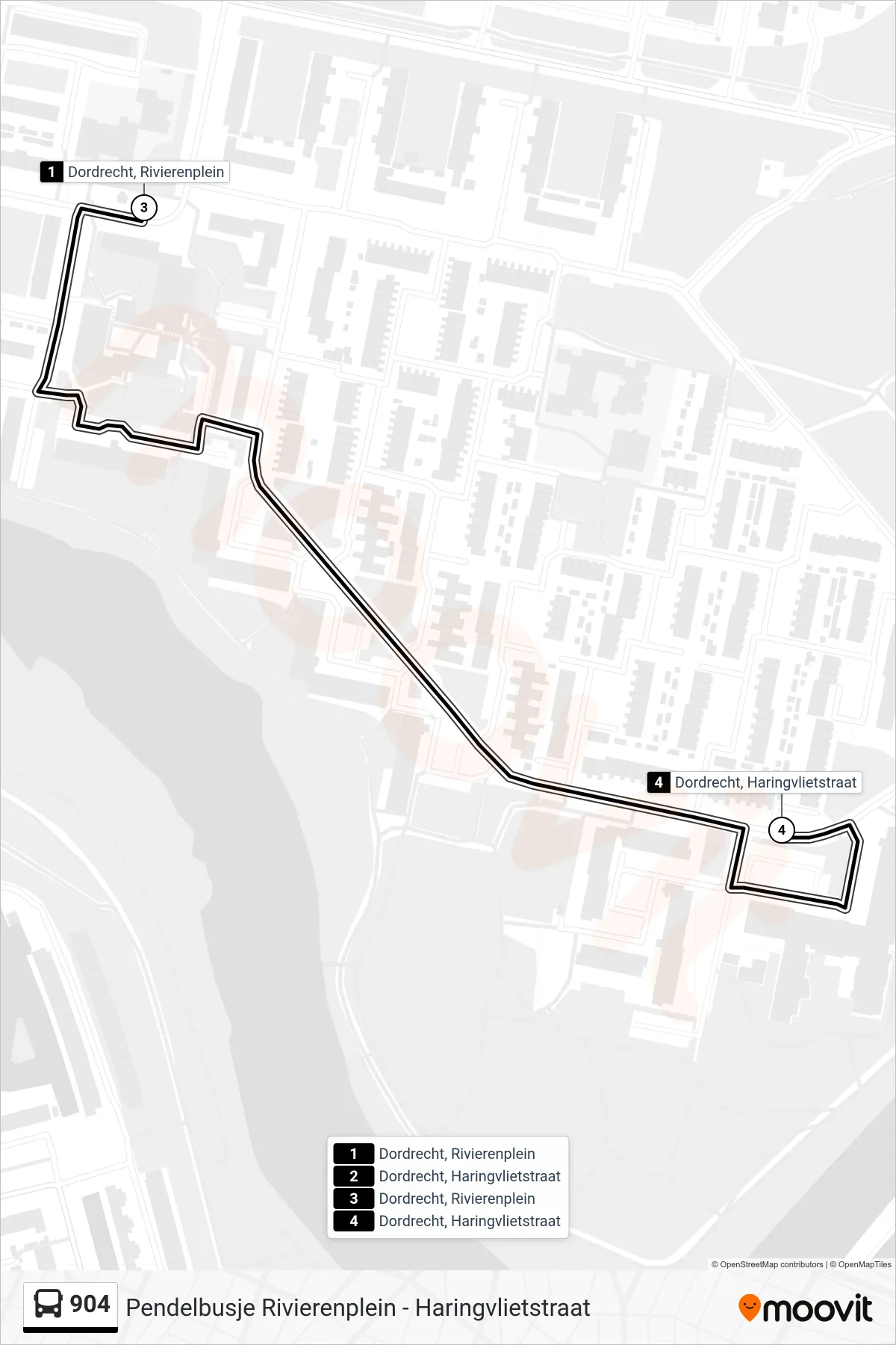 Lijn 904 (bus, Haringvlietstraat): route en haltes op de kaart