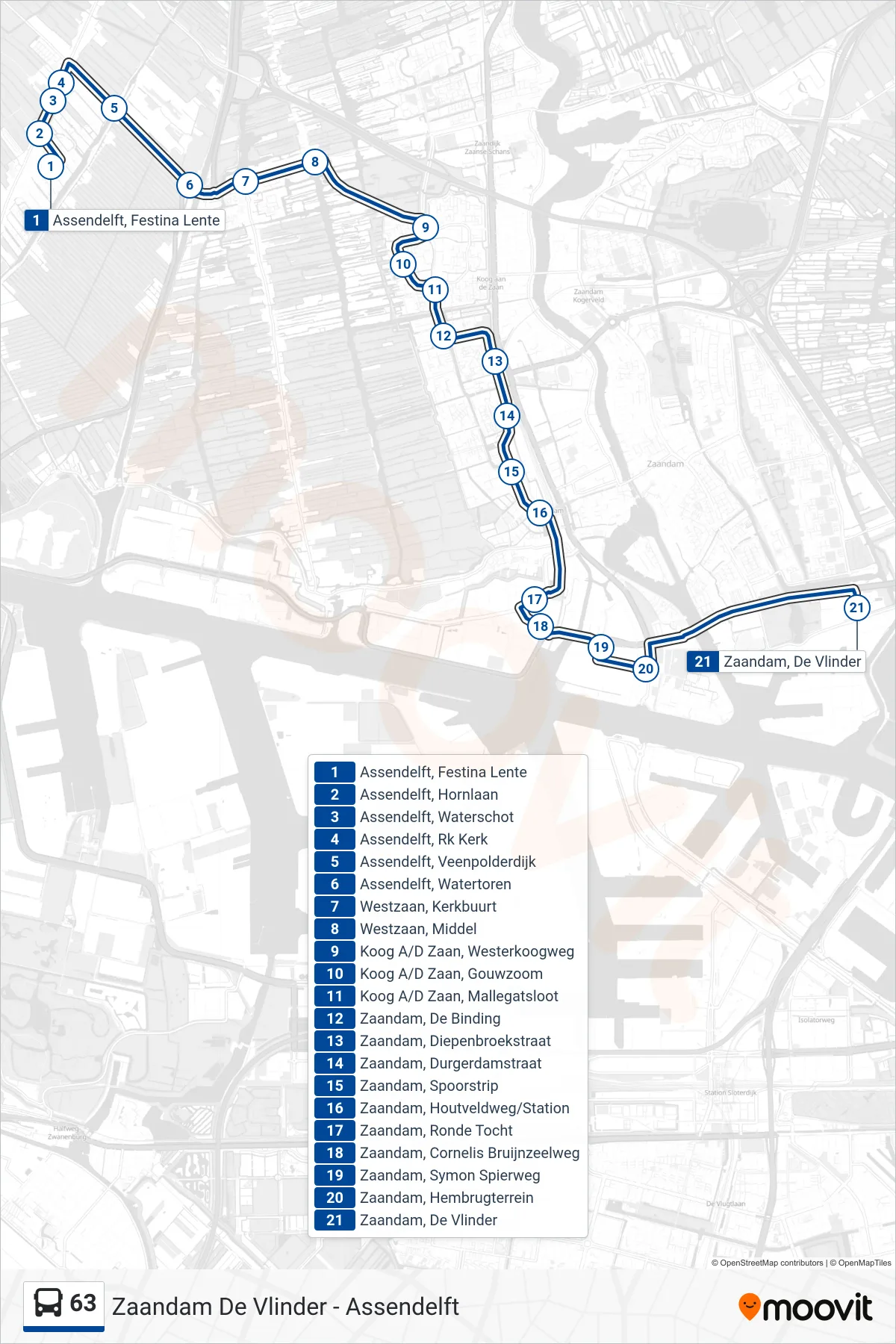 63 bus Line (Zaandam) route and stops on a map