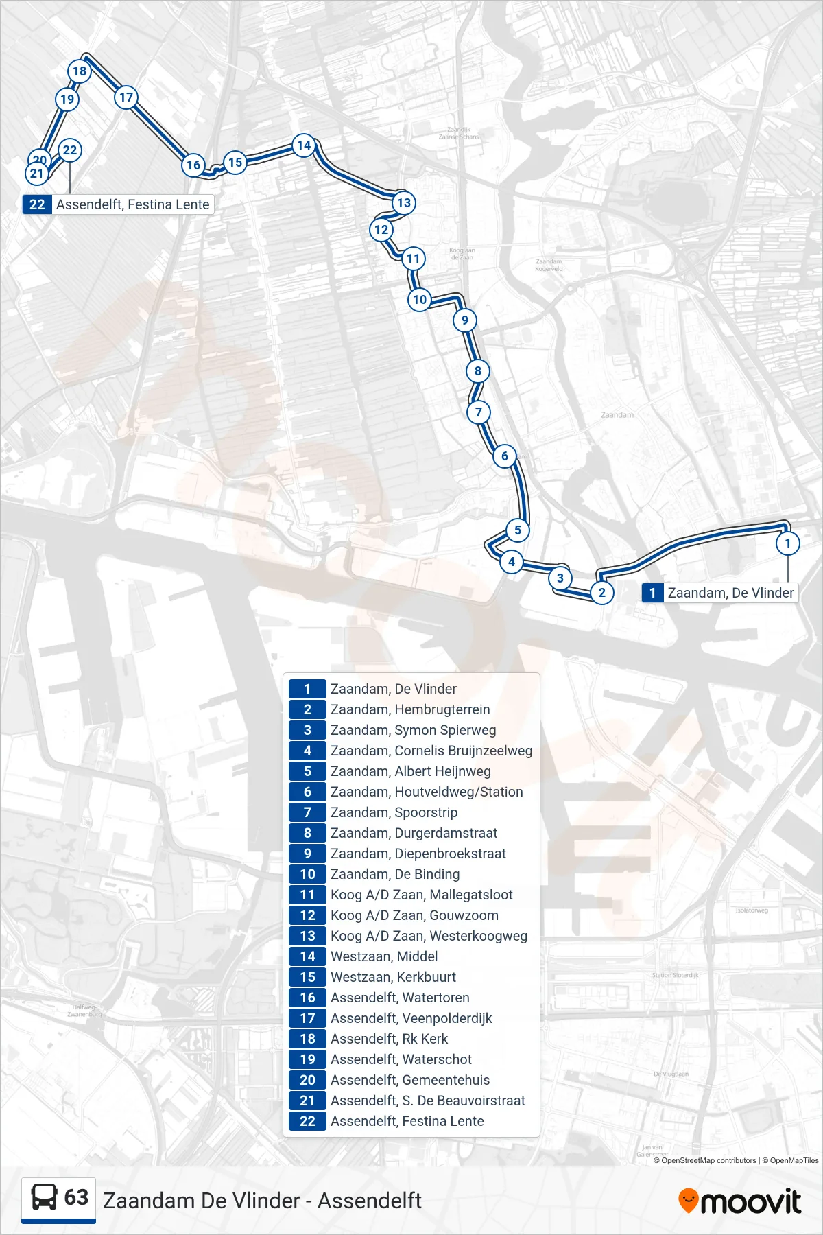 Lijn 63 (bus, Assendelft): route en haltes op de kaart
