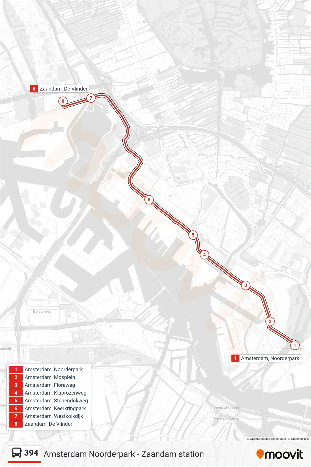 394 bus Line (Zaandam) route and stops on a map