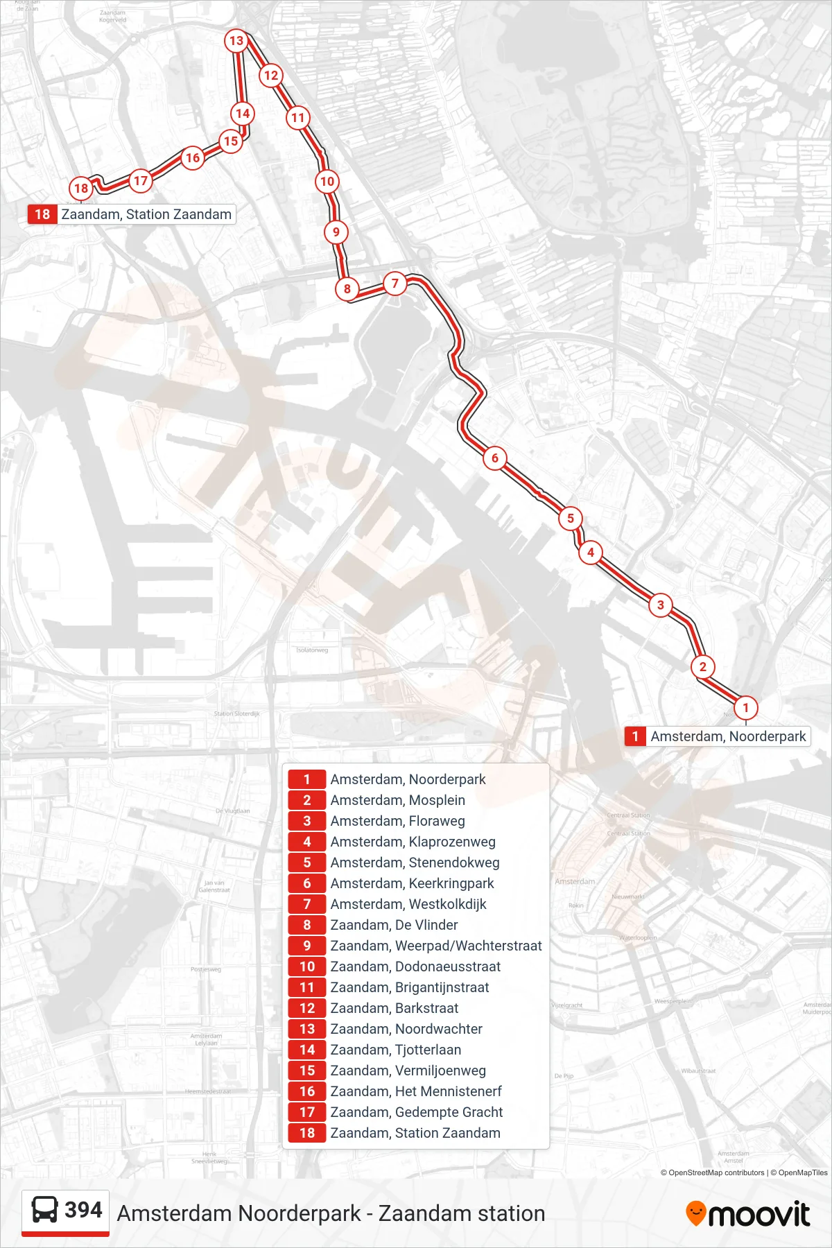 394 bus Line (Zaandam Station) route and stops on a map