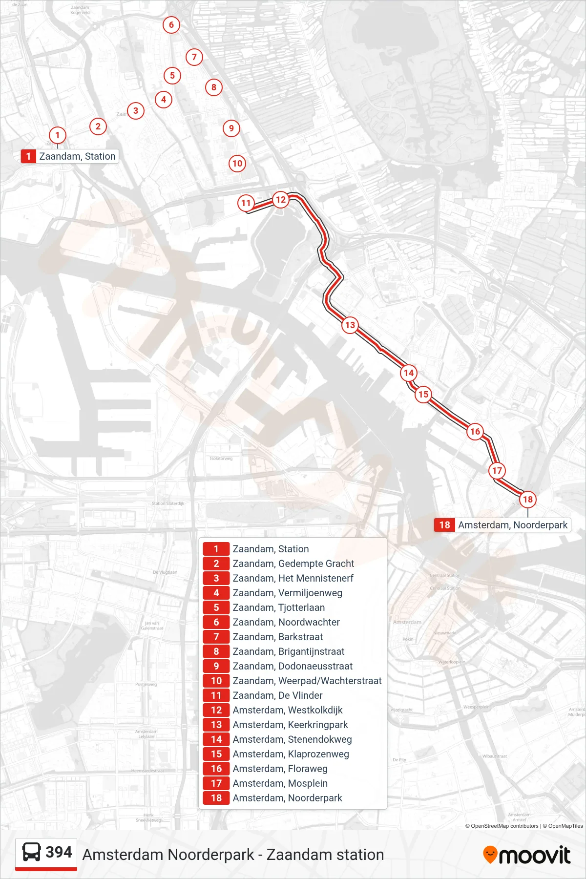 394 bus Line (Amsterdam Noorderpark) route and stops on a map