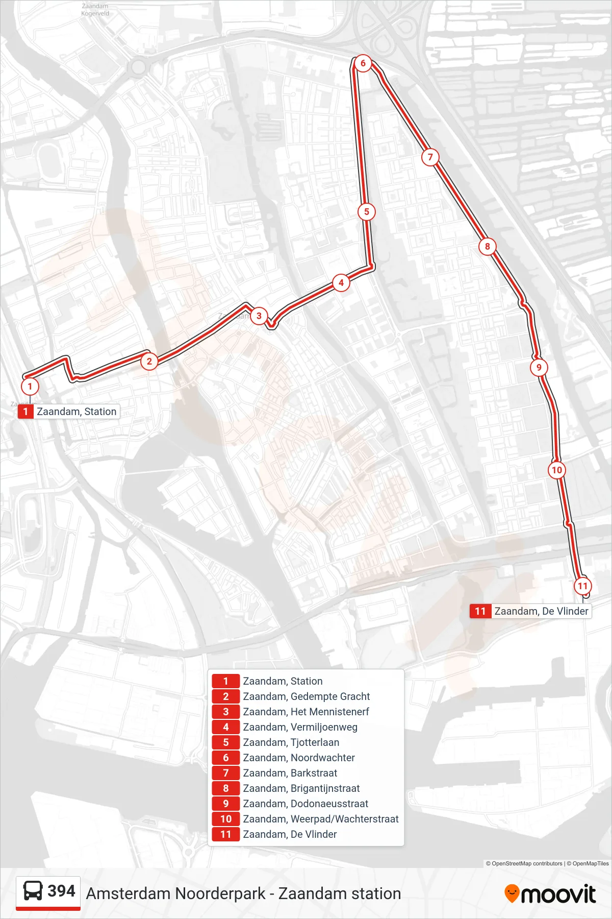 Lijn 394 (bus, Zaandam): route en haltes op de kaart