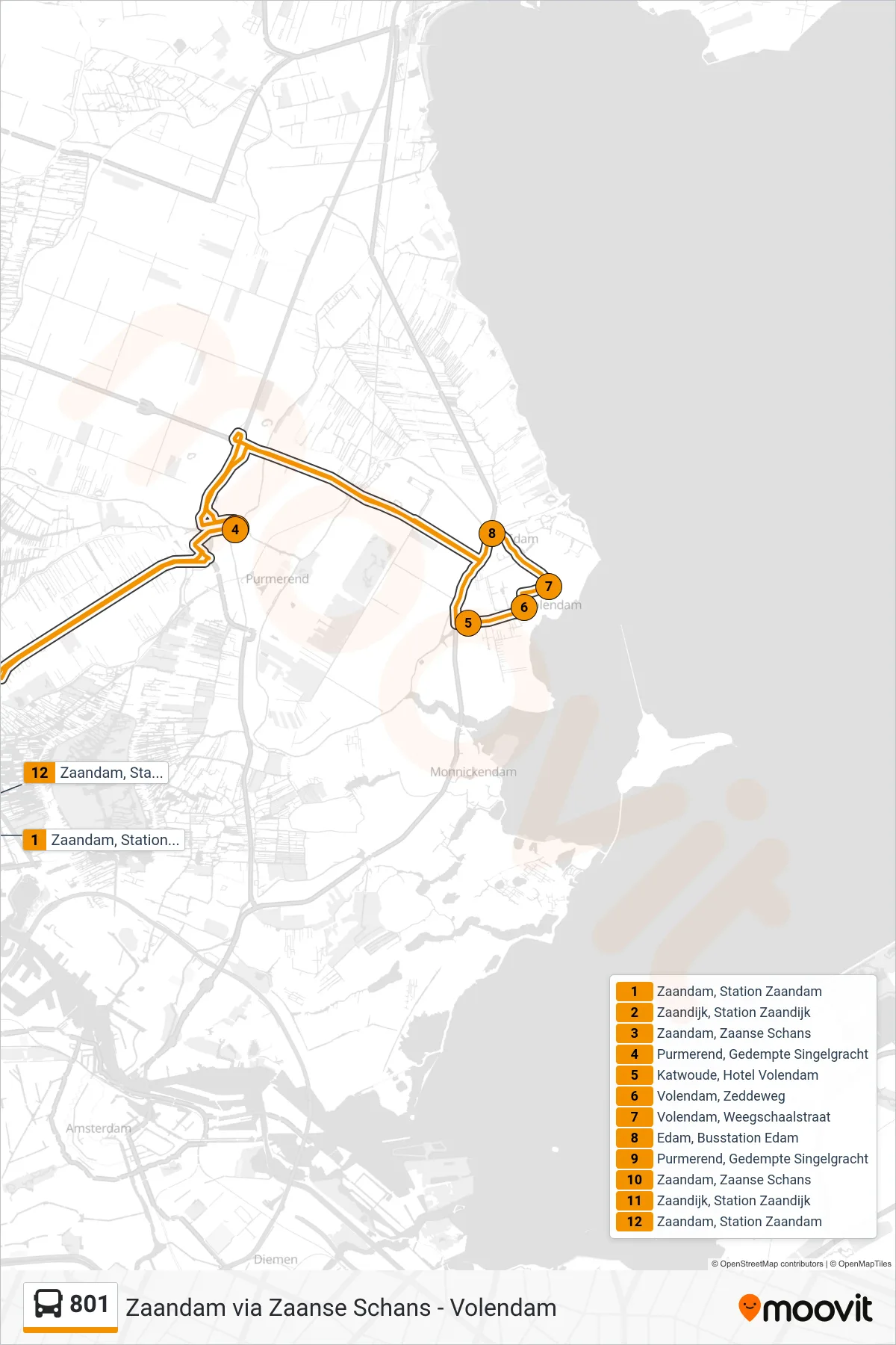 Lijn 801 (bus, Volendam): route en haltes op de kaart