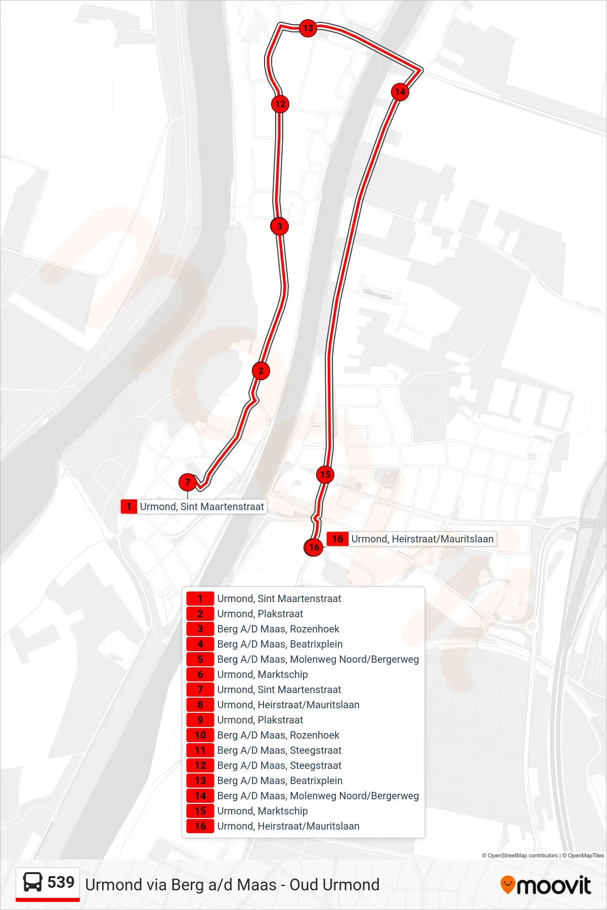 Lijn 539 (bus, Urmond Heirstraat): route en haltes op de kaart